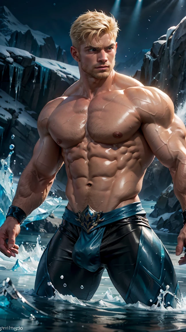 A strong, muscular man with blonde hair and intensely blue eyes. He is young and handsome, with an imposing, well-defined body, showcasing his smooth and meticulously shaved underarms. In combat, he uses water and ice magic, with waves and currents of water enveloping the entire scene, creating a refreshing and powerful atmosphere. He manipulates the water with elegant and precise gestures, his eyes glowing with a cold, icy blue intensity, showcasing his absolute control over the element. The background is a dynamic display of water, partially disturbed by his magic. The image is rendered in a photorealistic, hyper-realistic 8k style, with studio lighting. His combat pose is fluid and imposing, with the image being grand and cinematic, featuring vibrant colors, stunning HDR, and lighting that highlights the texture of the water and the sparkle of the ice.