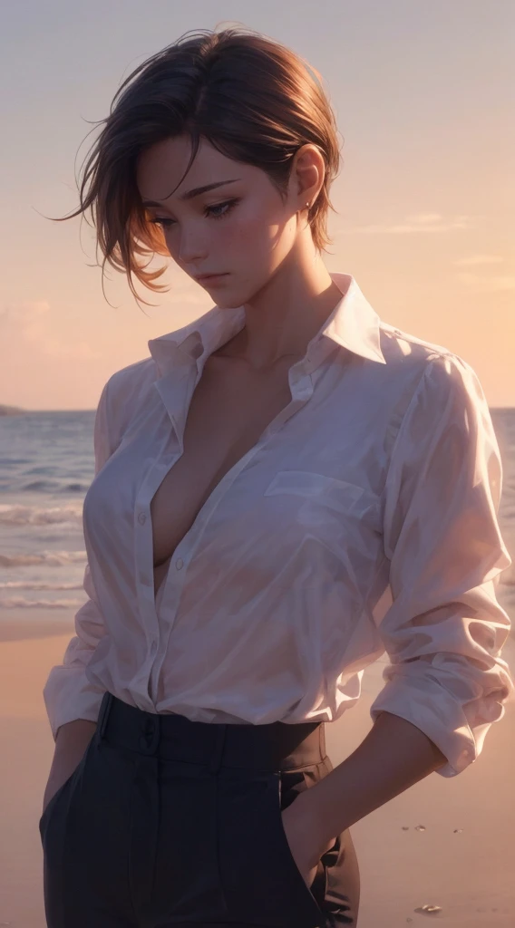 (best quality, masterpiece:1.2), A beautiful philipino woman with a glamorous figure, large natural 46DDD cup breasts, neat short hair, seen from the side, wearing dress pants and a white sheer unbuttoned shirt, stands by the sea under the evening sunset