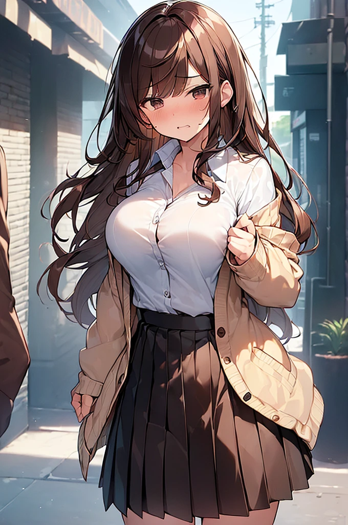 (Masterpiece, Top quality: 1.5), (large breasts:1.3), (Cardigan, dress shirt, Pleated skirt:1.4), standard weight, ( brown hair:1.4), (airy hair, wavy hair:1.3), long hair ,asymmetry bangs, swept bangs, junior high school student, angry, (flustered:1.3), beautiful scene of street , dynamic pose, magnificent panorama view