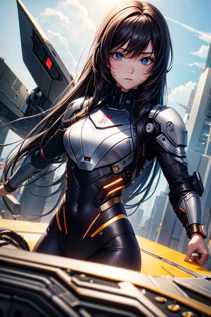 Masterpiece, beautiful young female cyborg, hero, saves a puppy from falling airplane