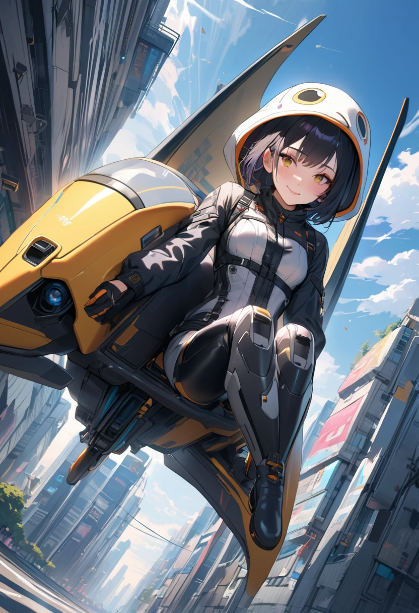 (Masterpiece, BestQuality), (hyperrealistic),cyberpunk,((girl is flying in the sky,ride on mecha-glider)),skydiving,detailed glider, BREAK (15yo,short hight,black short hair,middle small breasts,Black penguin hood, white penguin robe, webbed boots),BREAK smile,dynamic angle,absurd, unusual, extraordinary, in ruined cyberpunk city,japan, intricate details, depth of field,portrait, sharp,