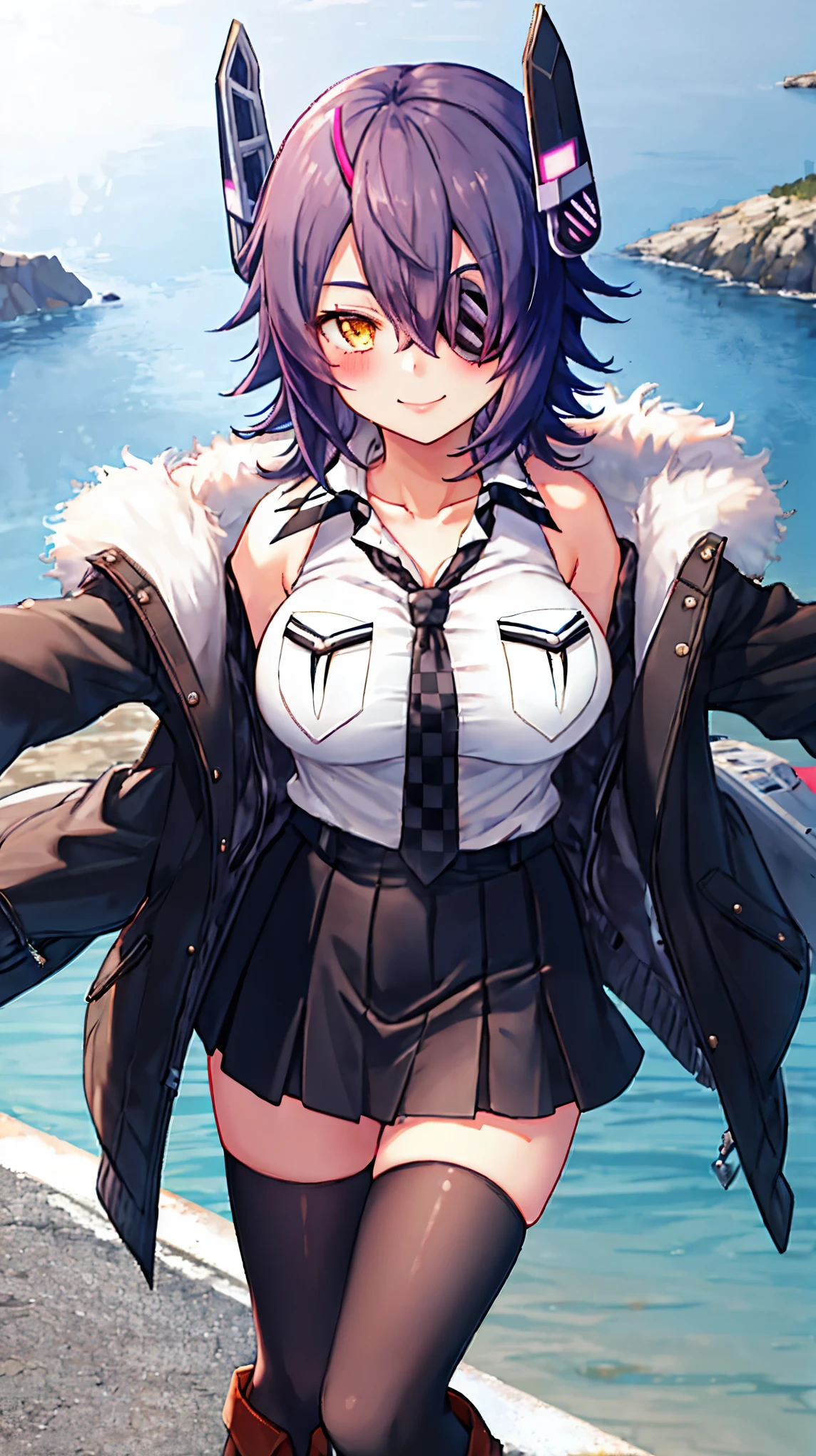 best quality, masterpiece, solo, {tenryuu_kantaicollection:1.15}, _girl, eyepatch, short_hair, purple_hair, yellow_eyes, headgear, breasts, necktie, large_breasts, smile, 1girl, blush, checkered_necktie, hair_over_one_eye, shirt, collared_shirt, white_shirt, jacket, sleeveless, brown_eyes, fur-trimmed_jacket, fur_trim, collarbone, looking_at_viewer, pocket, breast_pocket, ,, messy_hair, black_gloves, gloves, partially_fingerless_gloves,harbor_road_landscape_background,outdoor,short_skirt,thigh-highs,boots,sunlight,from_below