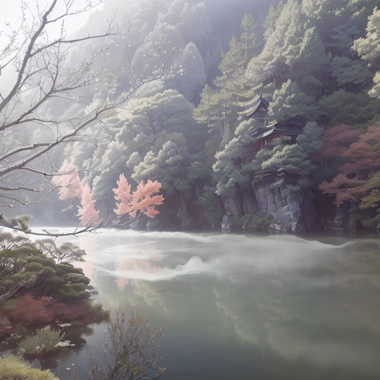 There is a boat floating on the water in the water, beautiful iwakura, Inspired by Sesshu Toyo, Japanese Nature, By Tadashige Ono, Lake Kawaguchi, katsushika, Fog floats in the air, Smoky Water Landscape, yoshifumi ushima, Collected by Kawauchi