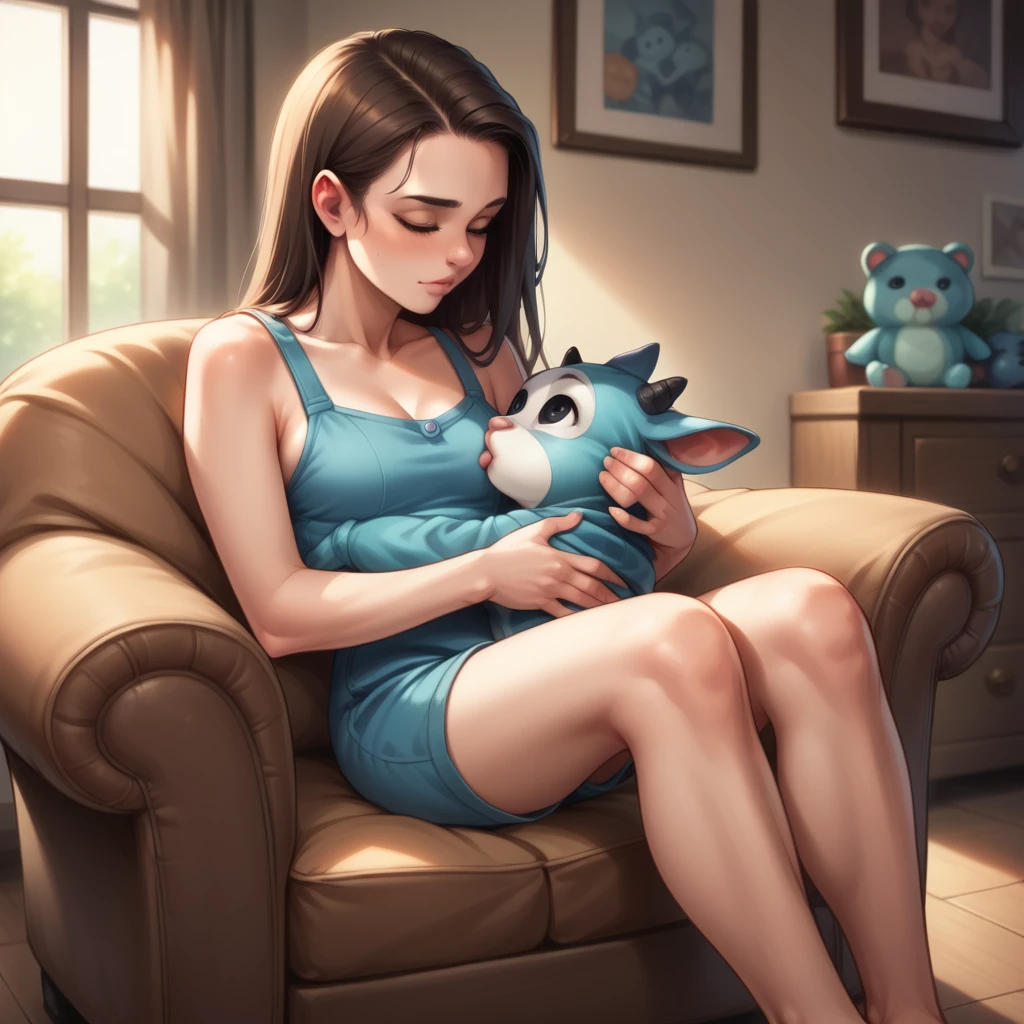 The woman in her 50s with brown long straight hair. The woman is breastfeeding her baby boy. The ********** is wearing a blue baby romper. In the baby room, the woman is sitting an armchair. Ultra realistic.