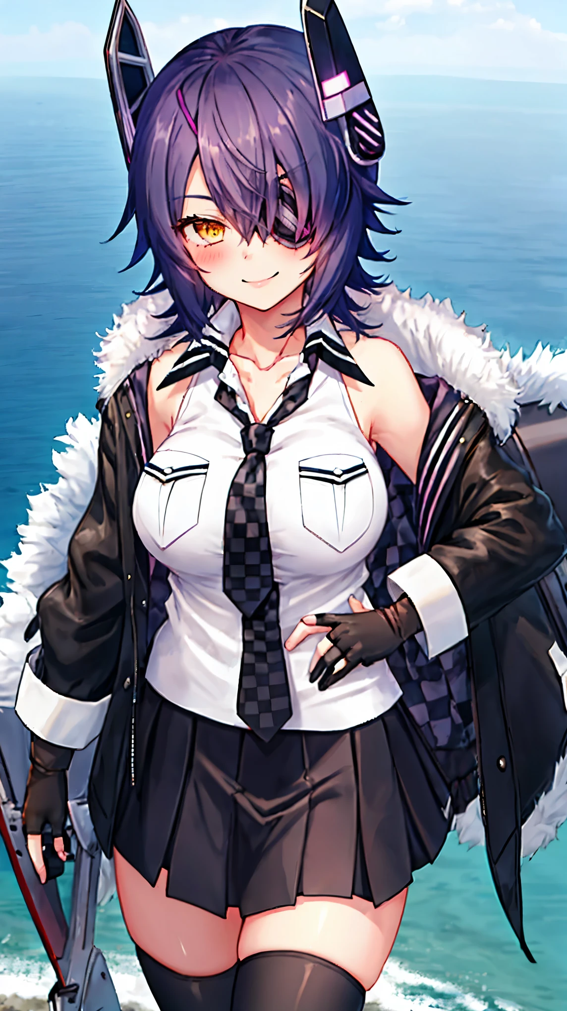 best quality, masterpiece, solo, {tenryuu_kantaicollection:1.}, teirl, eyepatch, short_hair, purple_hair, yellow_eyes, headgear, breasts, necktie, large_breasts, smile, 1girl, blush, checkered_necktie, hair_over_one_eye, shirt, collared_shirt, white_shirt, jacket, sleeveless, brown_eyes, fur-trimmed_jacket, fur_trim, collarbone, looking_at_viewer, pocket, breast_pocket, ,, messy_hair, black_gloves, gloves, partially_fingerless_gloves,harbor_road_landscape_background,outdoor,short_skirt,thigh-highs,boots,sunlight,from_below