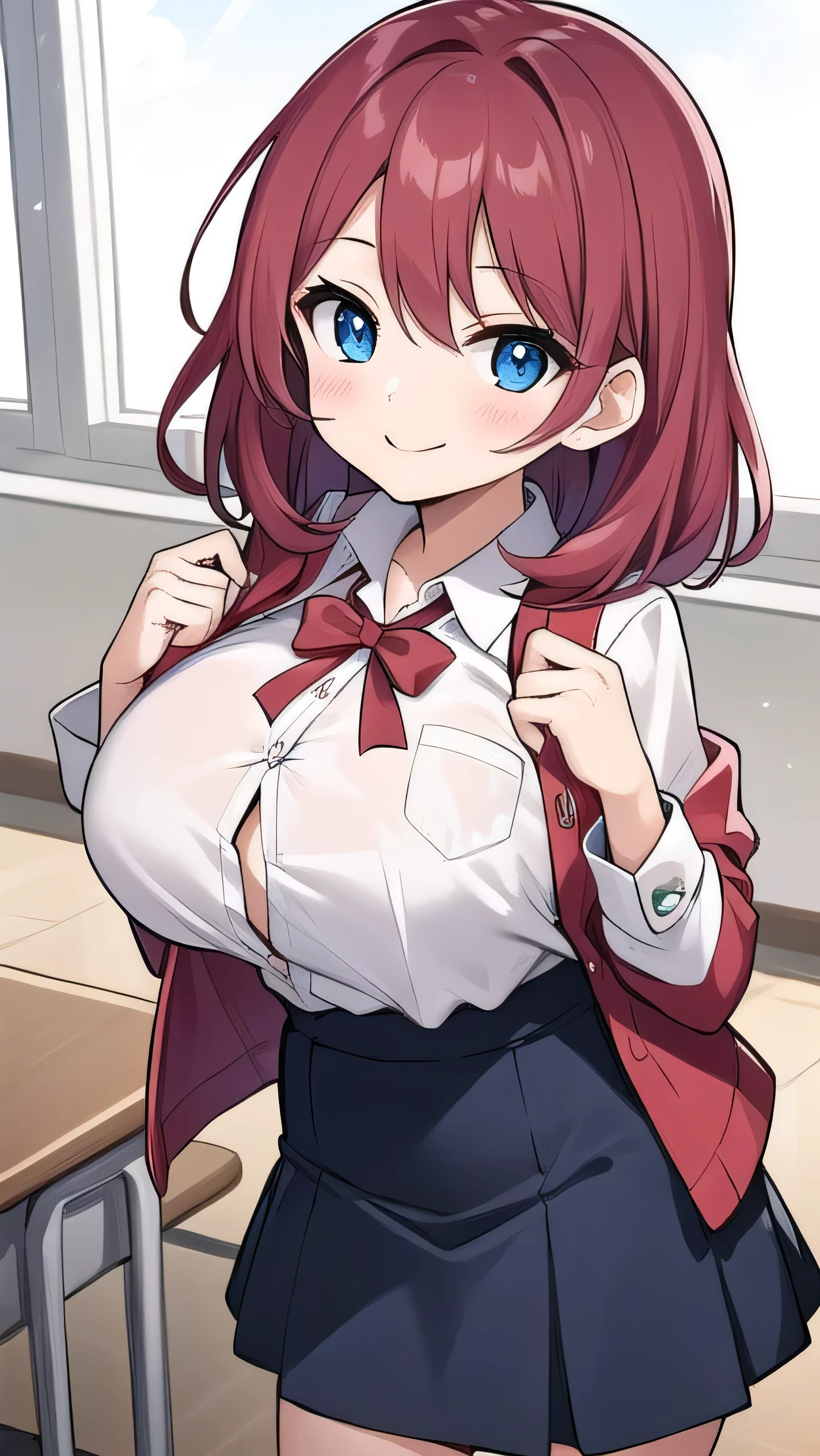 Big breasts, red hair, blue eyes, droopy eyes, red jacket, long sleeves, navy skirt, , (super big breasts:1.1), (medium hair: 1), baggy clothes, elementary school studentt, 10 years old, old, shy Agari, smiling a little, trtton his shirt the classroom, white shirt, soft hair,(straight hair:1.2) , gentle smile, a little smile ,