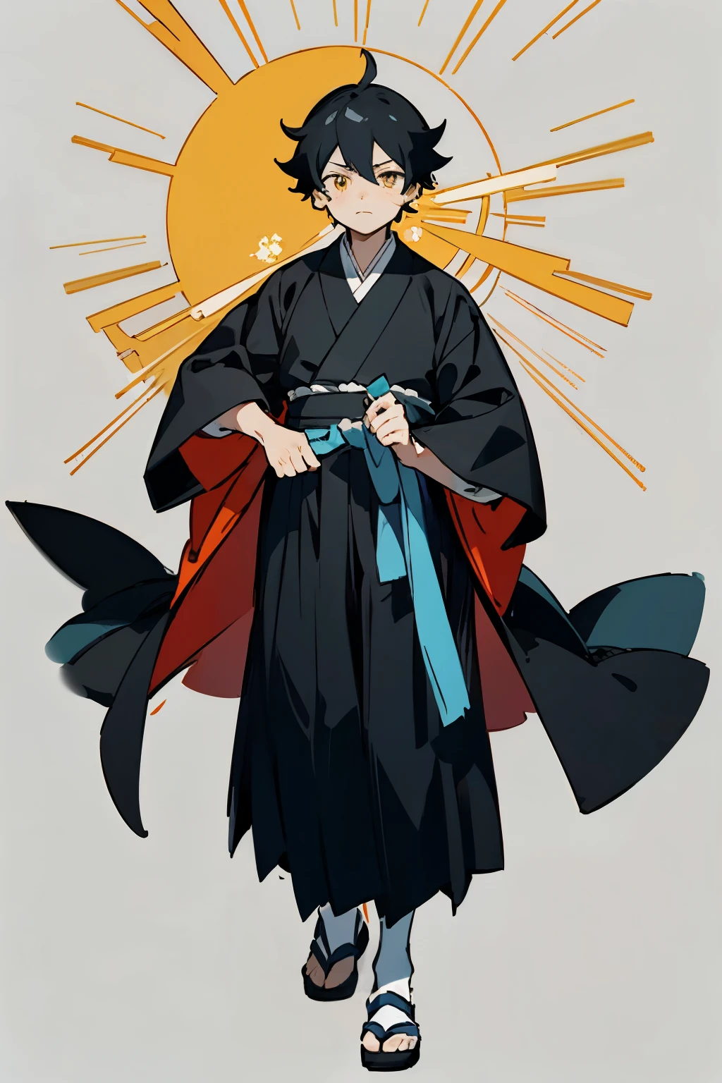 ((best quality)), ((masterpiece)), (detailed),a drawing of a little boy with black hair and yellow eyes, inspired by Okumura Masanobu, handsome guy in demon slayer art, tall anime little boy with blue eyes, male anime character, detailed anime character art, young anime little boy, anime little boy, best anime character design, wearing a black cloak, beautiful androgynous prince, with glowing yellow eyes,arafed man in a black robe and white shoes standing in front of a gray background, hakama kimono, classic kimono, inspired by Kanō Shōsenin, intricate hakama, inspired by Tōichi Katō, inspired by Kanō Hōgai, kimono, one person, cute