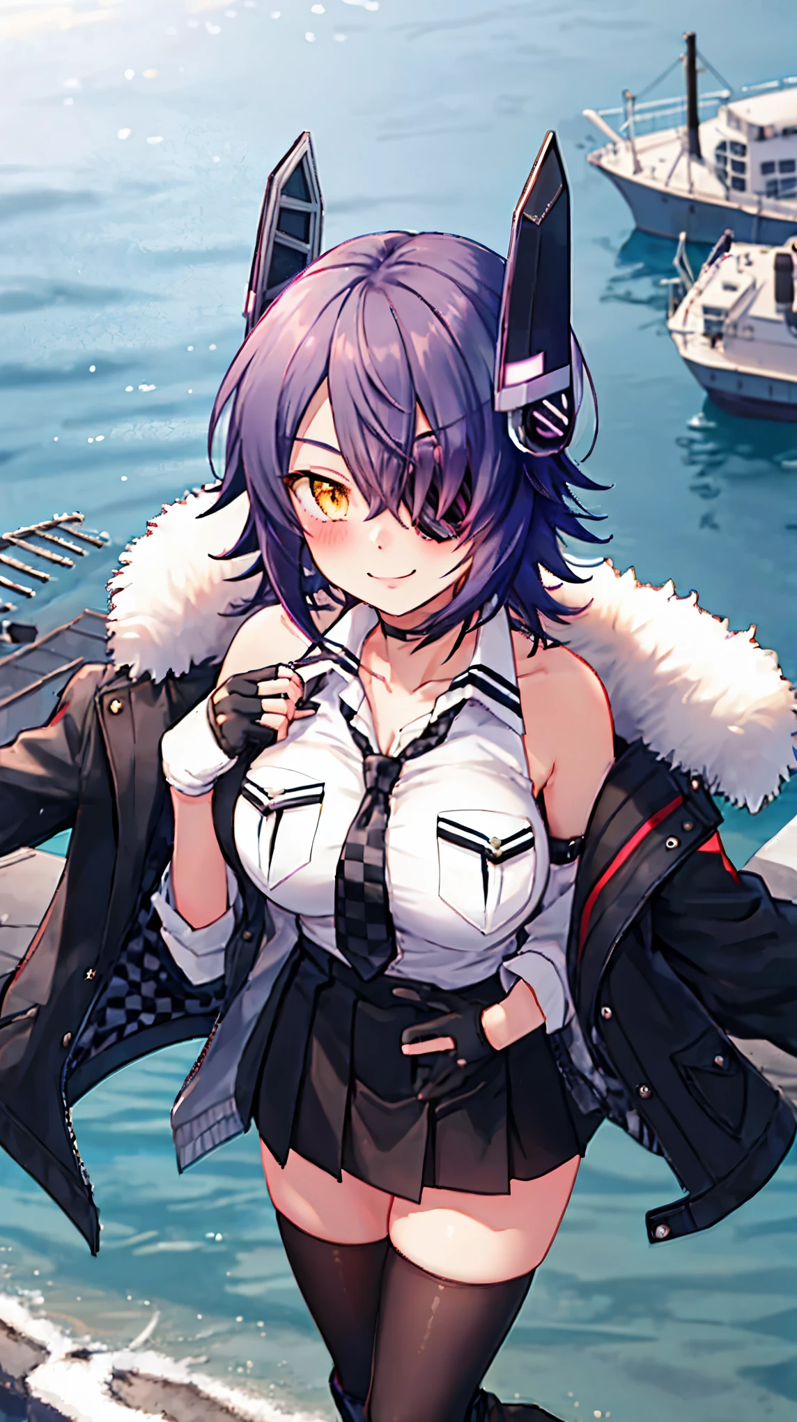 best quality, masterpiece, solo, {tenryuu_kantaicollection:1.15}, teen_girl, eyepatch, short_hair, purple_hair, yellow_eyes, headgear, breasts, necktie, large_breasts, smile, 1girl, blush, checkered_necktie, hair_over_one_eye, shirt, collared_shirt, white_shirt, jacket, sleeveless, brown_eyes, fur-trimmed_jacket, fur_trim, collarbone, looking_at_viewer, pocket, breast_pocket, ,, messy_hair, black_gloves, gloves, partially_fingerless_gloves,harbor_road_landscape_background,outdoor,short_skirt,thigh-highs,boots,sunlight,from_below