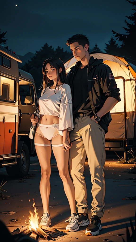 a beautiful couple  in short clothes camping in forest hills at night, large hips, fire burning in background, detailed face