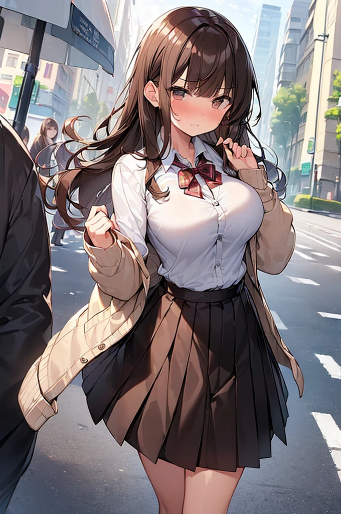 (Masterpiece, Top quality: 1.5), (large breasts:1.3), (Cardigan, dress shirt, Pleated skirt:1.4), standard weight, ( brown hair:1.4), (airy hair, wavy hair:1.3), long hair ,asymmetry bangs, swept bangs, **************************, angry, (flustered:1.3), beautiful scene of street , dynamic pose, magnificent panorama view