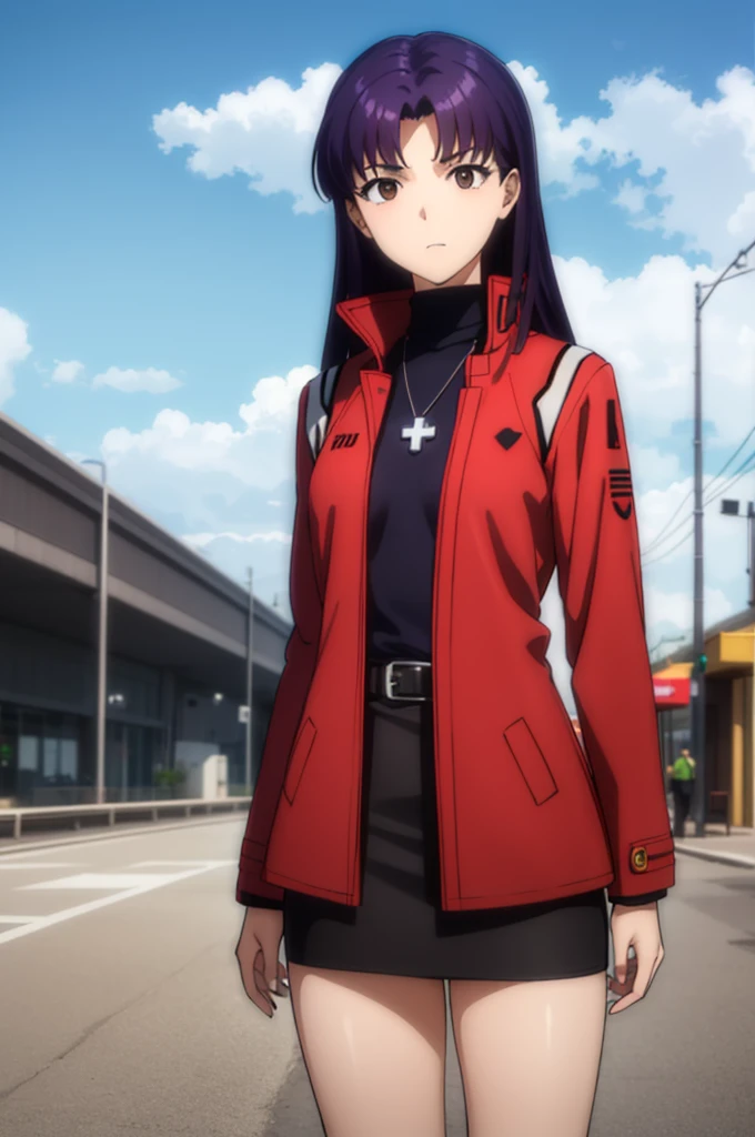 misatokatsuragi, misato katsuragi, long hair, (brown eyes:1.5), (purple hair:1.2), (parted bangs:1.5),
BREAK skirt, jewelry, jacket, belt, necklace, uniform, cross, red jacket, pencil skirt, cross necklace, red skirt, black shirt, turtleneck, cropped jacket,
BREAK outdoors, city, sky, clouds, sun,
BREAK looking at viewer, (cowboy shot:1.5),
BREAK (masterpiece:1.2), best quality, high resolution, unity 8k wallpaper, (illustration:0.8), (beautiful detailed eyes:1.6), extremely detailed face, perfect lighting, extremely detailed CG, (perfect hands, perfect anatomy),White background、