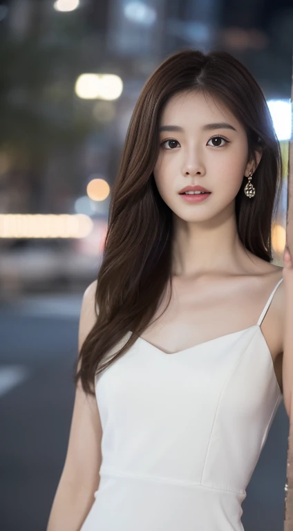 ((Realistic lighting, best quality, 8K, masterpiece: 1.3)), Key Points: 1.2, 1 Girl, Perfect body: 1.4, Slim abdominal muscles: 1.1, ((Dark brown hair)), (White Dress: 1.4), (outdoor, night: 1.1), City Streets, Very delicate face, Beautiful eyes, Double eyelids,