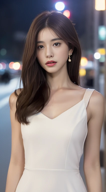 ((Realistic lighting, best quality, 8K, masterpiece: 1.3)), Key Points: 1.2, 1 Girl, Perfect body: 1.4, Slim abdominal muscles: 1.1, ((Dark brown hair)), (White Dress: 1.4), (outdoor, night: 1.1), City Streets, Very delicate face, Beautiful eyes, Double eyelids,