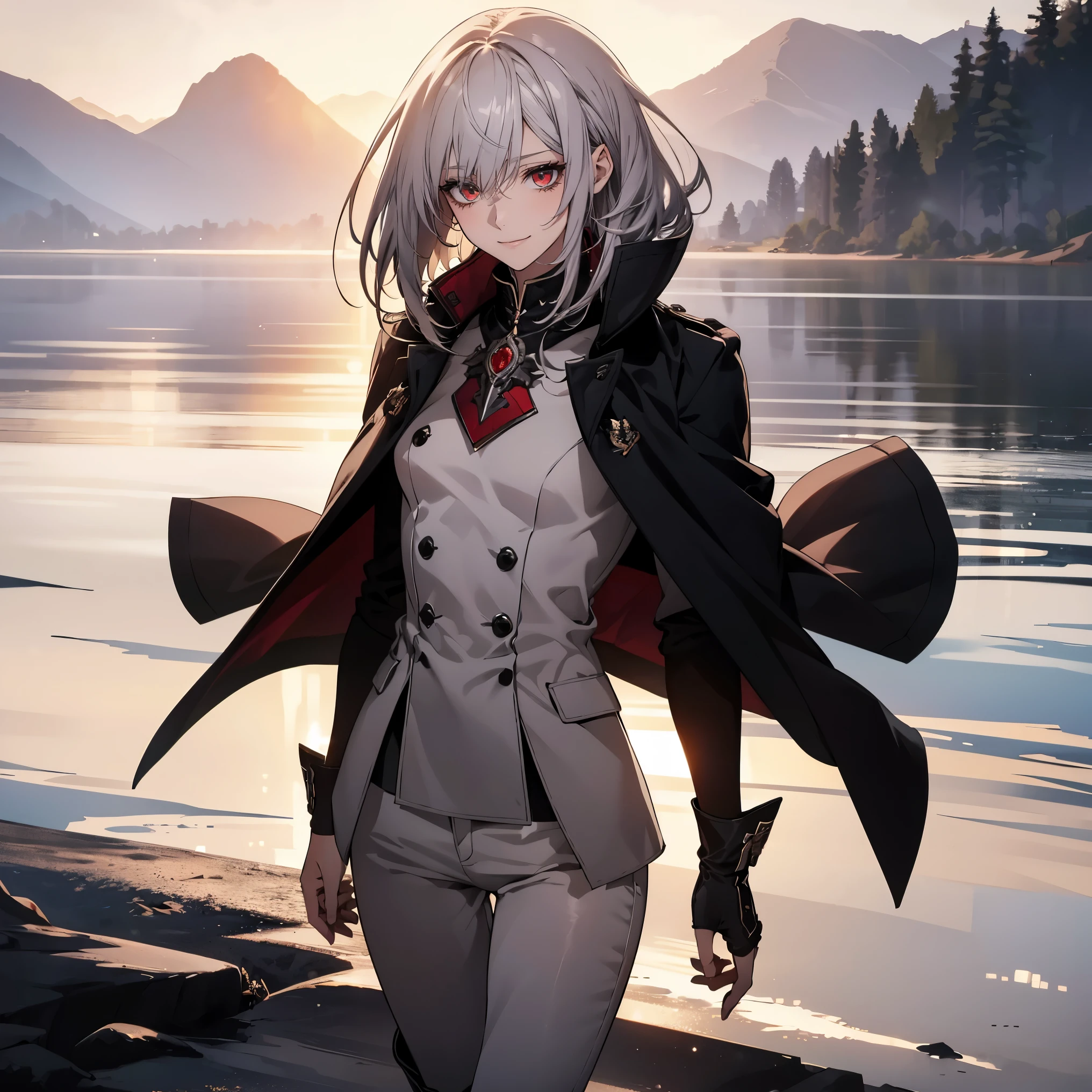 (Confused, High resolution, Very detailed), 1 female, Silver Hair,Falling Bob Hair,Crimson Eyes,uniform,24th generation,beauty,mature,thin,quiet,Calm,A small smile,A kind smile,In front of people you like,Cape coat,Slender and thin,boots,skinny pants,Sea at dawn,Small breasts,