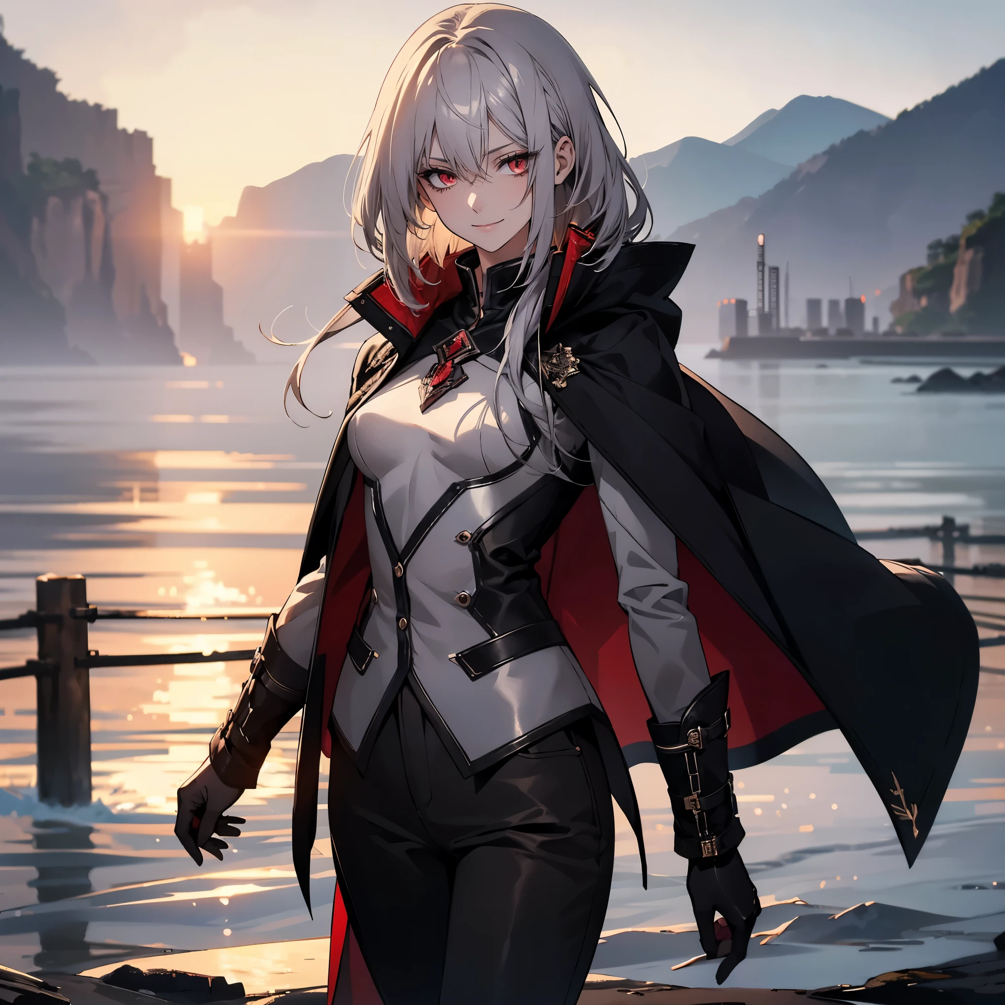 (Confused, High resolution, Very detailed), 1 female, Silver Hair,Falling Bob Hair,Crimson Eyes,uniform,24th generation,beauty,mature,thin,quiet,Calm,A small smile,A kind smile,In front of people you like,Cape coat,Slender and thin,boots,skinny pants,Sea at dawn,Small breasts,