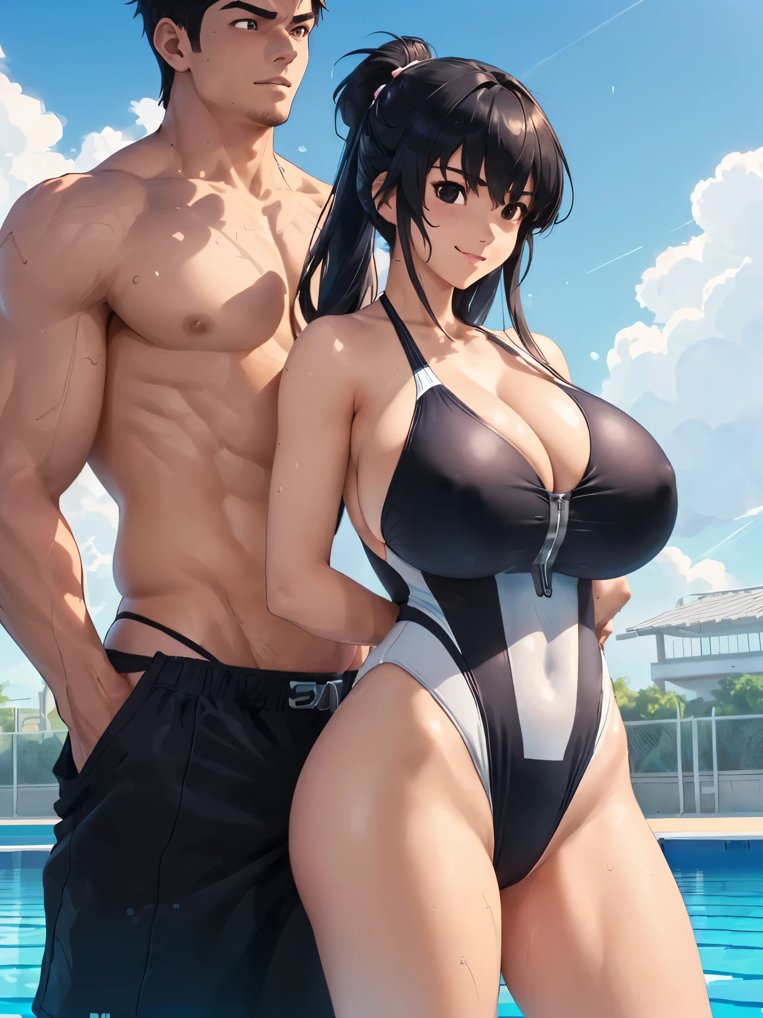 (18-year-old:2.0), ((coastal:1.5)),(((1 man ＆ 1girl is lined up:2.0))),((A woman with huge breasts is wearing a high-cut swimsuit:2.0)),(Huge breasts:2.0),((1. The man is shirtless.:2.0)),(Smiling Beam:1.5), Two people,Highest quality, 4K, masterpiece, Very detailedな, Studio Lighting, Hilarious, Vivid expression,super high quality, Very detailed,Perfect photo,3d,8k,High resolution,Black Hair,(black eye:1.5),Sporty hairstyles,Smooth anime CG art, Cartoon characters posing next to a pool with a man and a woman, tits proportions, tits, Wearing a swimsuit, Artgerm and Genzoman, Renji Murata and Artgerm, Makoto Shinkai and Artgelm, Muscular!, sfw version, Muscular!!, sakimichan and frank franzzeta