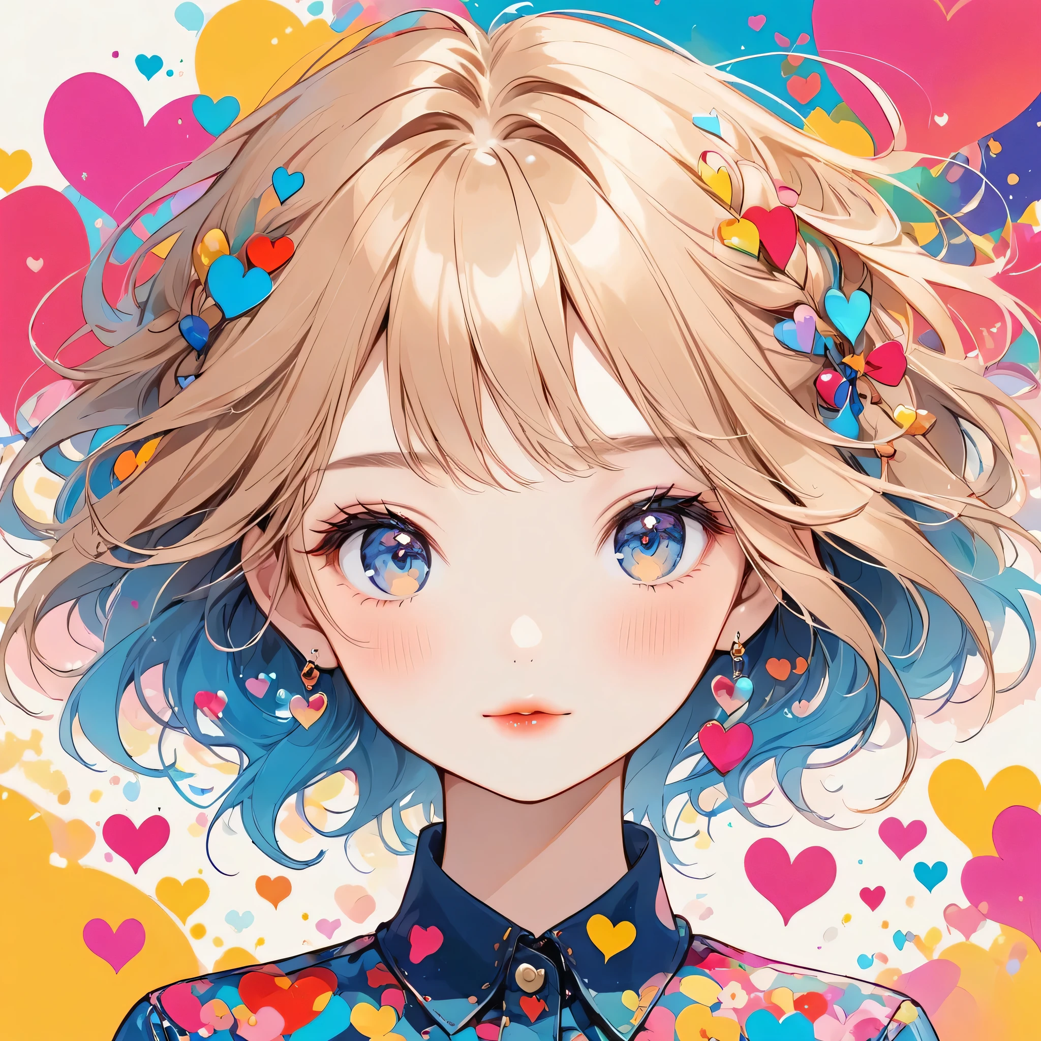 Hayao Miyazaki colorful style, Simple Line Initialism，Abstract art，Urban Background, (((The most beautiful girl of all time))), Sweet face. Lips in love, colorful hearts, stylish design