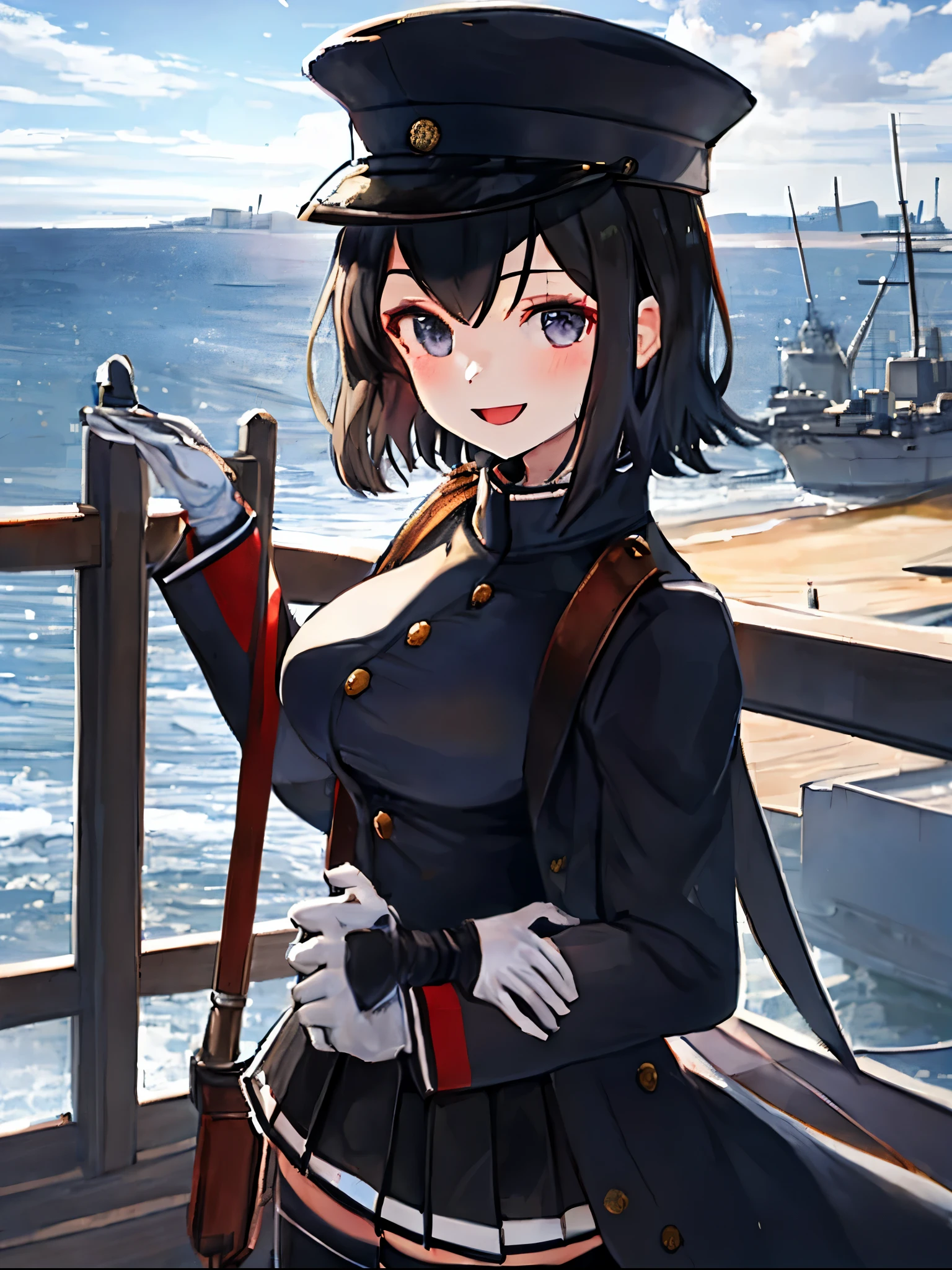 best quality, masterpiece, solo, {akitsu_maru_kantaicollection:1.15}, black_hair, short_hair, hat, peaked_cap, black_eyes, military, big_breasts, 1girl, black_headwear, looking_at_viewer,black_ military_uniform, uniform, military_hat, in_front_harbor_town_landscape_background, smile,(plump:0.7),,black_thigh-highs,joylight_open_mouth,white_skin