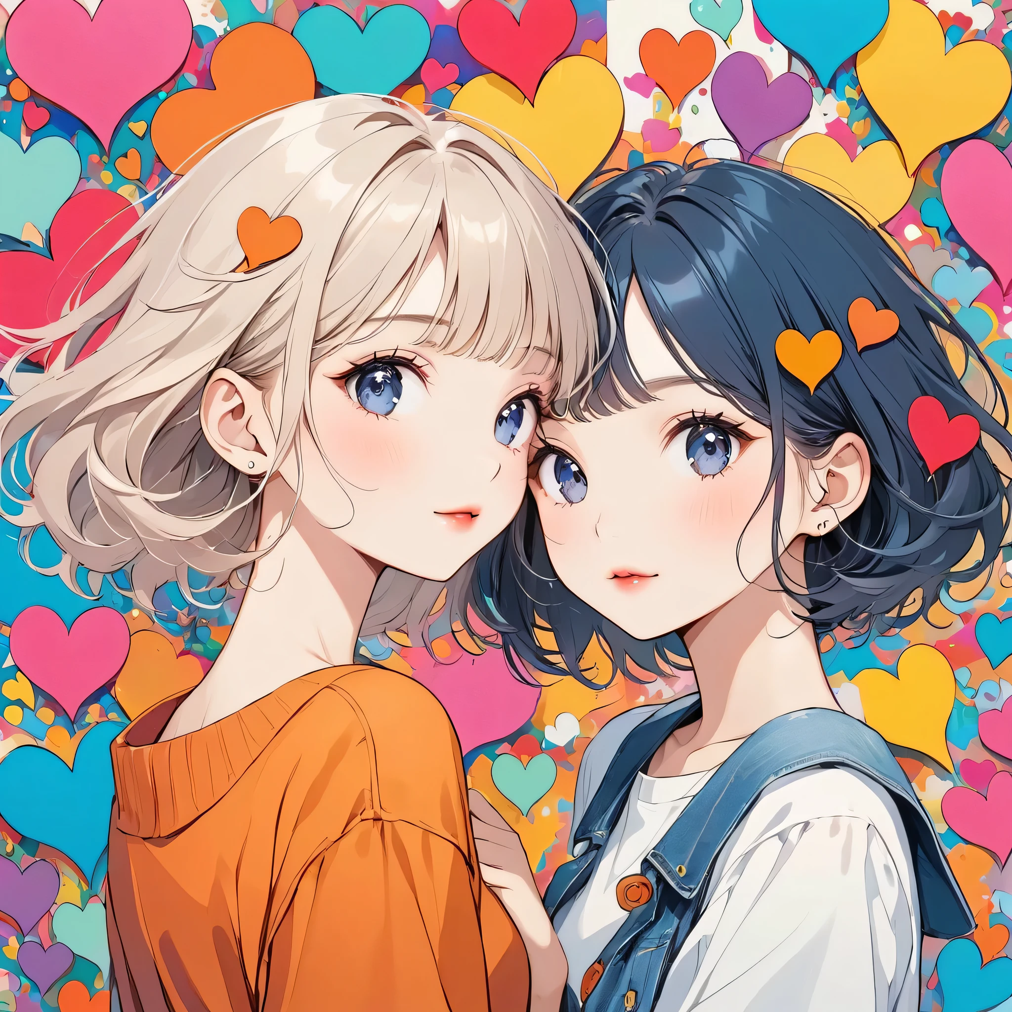 Hayao Miyazaki colorful style, Simple Line Initialism,Abstract art,Urban Background, (((The most beautiful girl of all time))), Sweet face. Lips in love, colorful hearts, stylish design