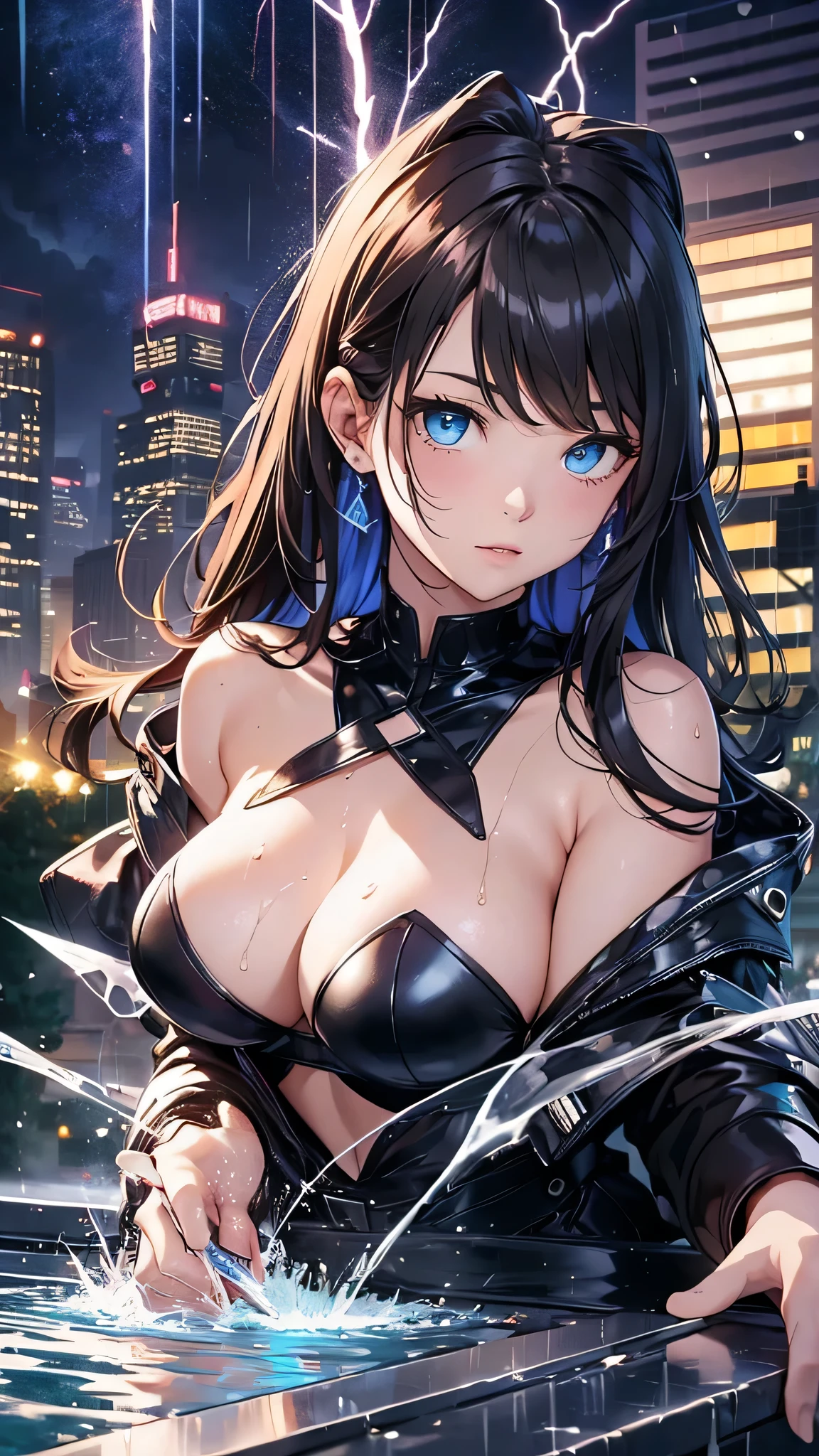 最high quality、Best image quality、masterpiece、With a girl((cute、、Best Bust、Medium Bust、Beautiful Blue Eyes、Spread your chest wide,Black Hair、Disheveled Hair、thin、Highest Valley、Black Dresy whole body is wet、Lying on your back)）high quality、Beautiful art、background((night、heavy rain、City、Lightning strikes、fountain park)),Tabletop、Exquisite design、Visual Arts、Written boundary depth、Best lighting、Highest detail、8ｋ