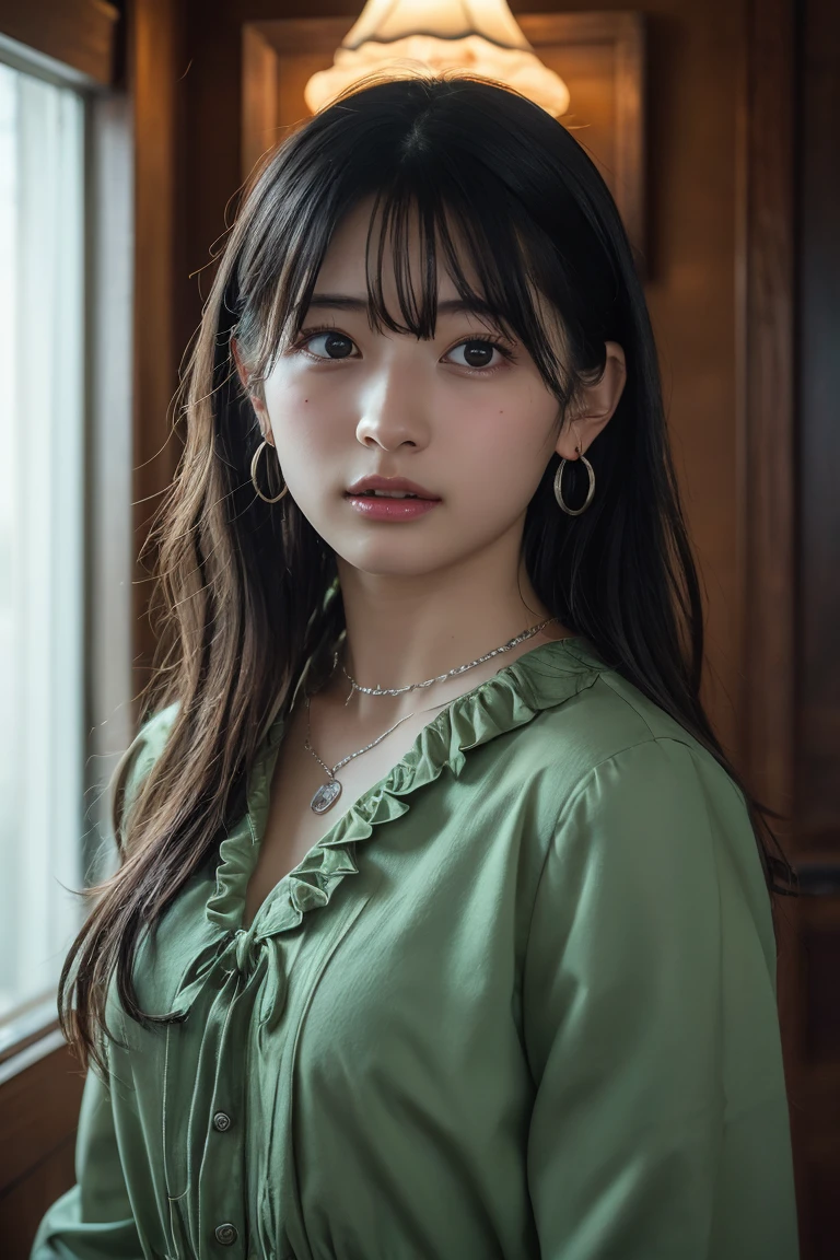 (Highest quality:1.4),(masterpiece:1.4),(Realistic:1.4),(Realistic:1.2),(超High resolution, RAW Photos:1.4),(High resolution, Ultra-detailed:1.2),(8k:1.2),View your viewers,Cinematic photography,One girl,skeletally correct,Black-haired woman,Woman in her early 20s,(Small earrings,necklace,Light green frilled blouse),(Western-style building interior,Dimly lit room,The lamplight shines on my cheeks)