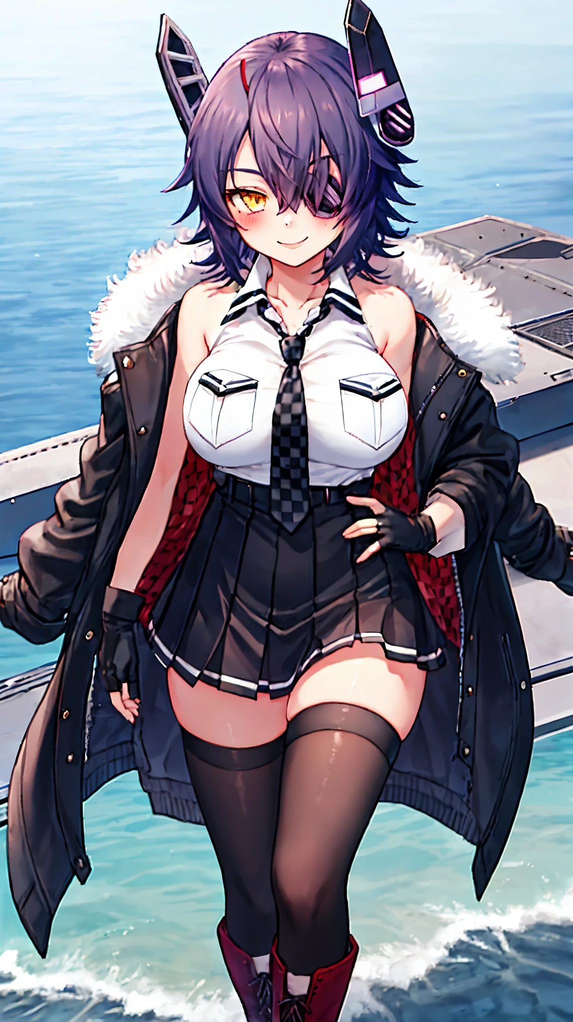 best quality, masterpiece, solo, {tenryuu_kantaicollection:1.15}, _girl, eyepatch, short_hair, purple_hair, yellow_eyes, headgear, breasts, necktie, large_breasts, smile, 1girl, blush, checkered_necktie, hair_over_one_eye, shirt, collared_shirt, white_shirt, jacket, sleeveless, brown_eyes, fur-trimmed_jacket, fur_trim, collarbone, looking_at_viewer, pocket, breast_pocket, ,, messy_hair, black_gloves, gloves, partially_fingerless_gloves,harbor_road_landscape_background,outdoor,short_skirt,thigh-highs,boots,sunlight,from_below