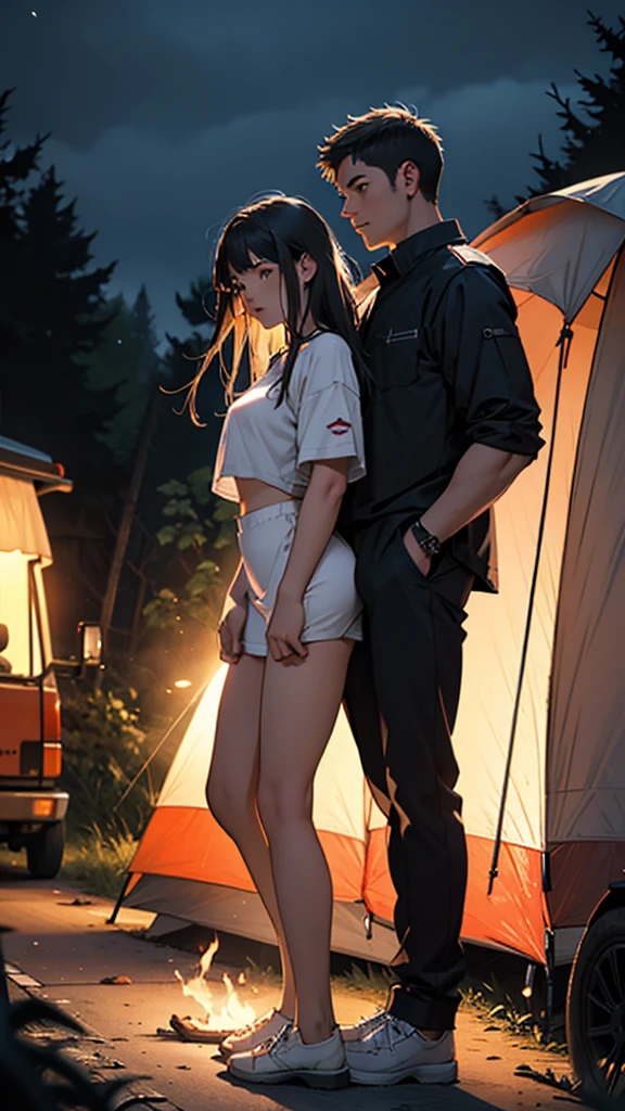 A young couple is camping on the mountain. The woman is wearing tight clothes. Her hips are big. She is passing by a vintage car. She is looking for water. It is raining. She is staying at night.