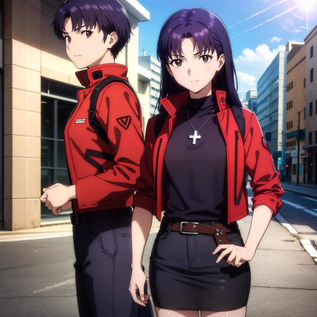 misatokatsuragi, misato katsuragi, long hair, (brown eyes:1.5), (purple hair:1.2), (parted bangs:1.5),
BREAK skirt, jewelry, jacket, belt, necklace, uniform, cross, red jacket, pencil skirt, cross necklace, red skirt, black shirt, turtleneck, cropped jacket,
BREAK outdoors, city, sky, clouds, sun,
BREAK looking at viewer, (cowboy shot:1.5),
BREAK (masterpiece:1.2), best quality, high resolution, unity 8k wallpaper, (illustration:0.8), (beautiful detailed eyes:1.6), extremely detailed face, perfect lighting, extremely detailed CG, (perfect hands, perfect anatomy),