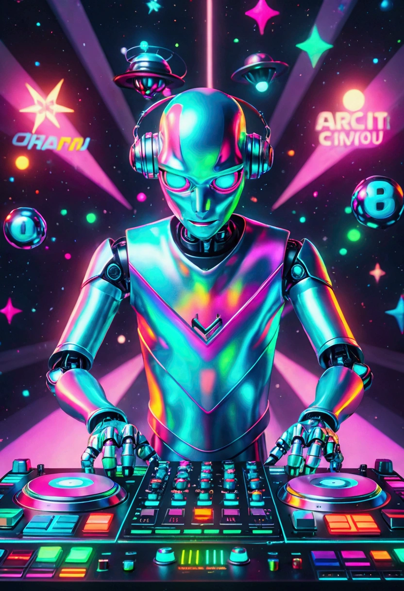 A scene depicting an unknown alien-blooded alien robot DJ spinning records in a typical cosmic nightclub. This alien robot DJ features smooth metallic components, glowing skin, an advanced holographic control panel for interacting with the crowd, and agile limbs to operate a variety of music equipment, such as turntables, mixers, and samplers. The scene is filled with typical interstellar club details, such as illuminated dance floor areas, signs written in alien script, and a range of cutting-edge sound equipment. Despite his alien robotic appearance, he still conveys excitement and commitment to the art of DJing, which are inherent qualities of a DJ. Realistic, 3D, C4D rendering, photography.