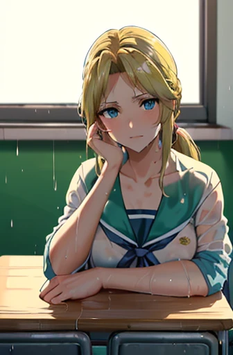Masterpiece ((woman,The facial expression is accurate,Anime style face,greenish blue eyes )) Group (((((Location: School classroom))))) (((((The place is school))))) (((((womanは授業を受けている))))) 8k(((((high school girl))))) 8k(((((Wet))))) 8k(((((Close-up of face)))))8k(I am giving you a letter called a love letter.)