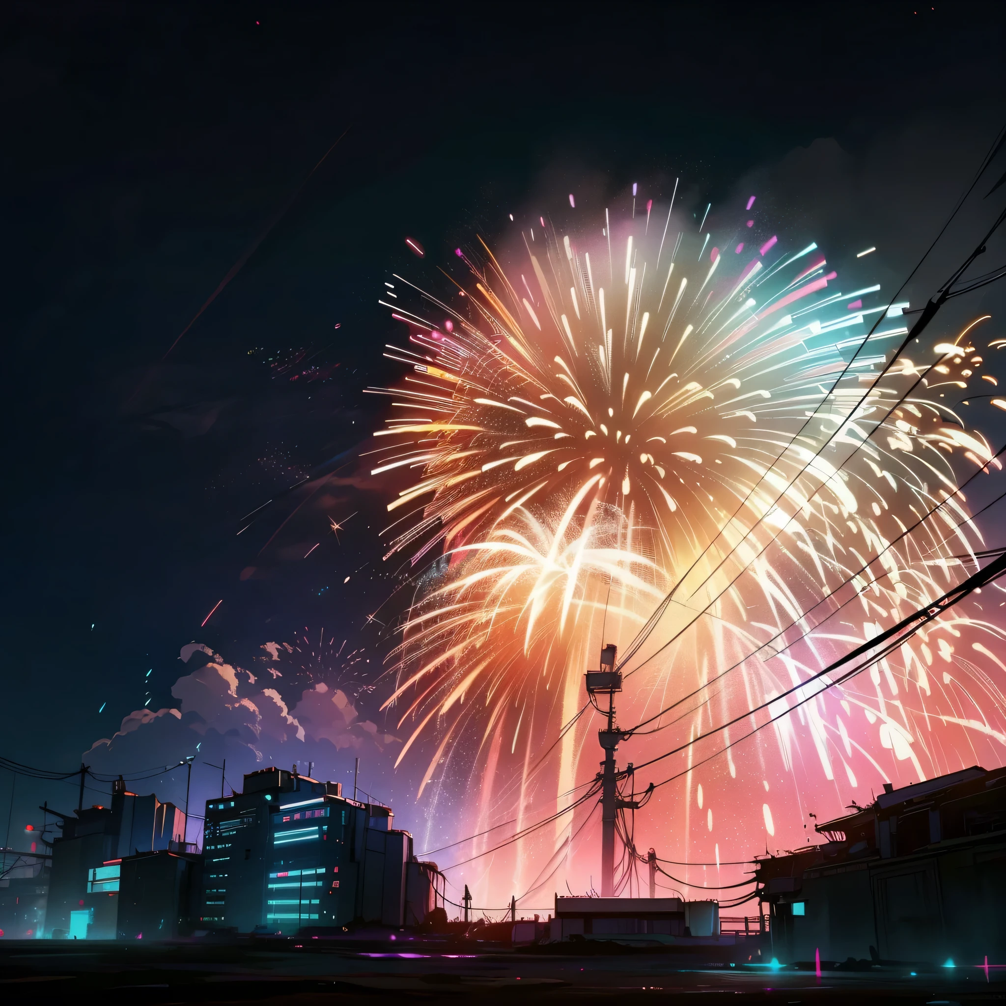 fireworks are lit up in the sky above a city, [ fireworks in the sky ]!!, fireworks in the background, fireworks in background, happy!!!, fireworks on the background, firework, fireworks, taken with sigma 2 0 mm f 1. 4, 8k)), taken with sony alpha 9, explosions all around, explosion in the backgroundHD, (Best Detail), (Best Quality), colorful, cyberpunk, neon, beautiful lights, purple reflections,