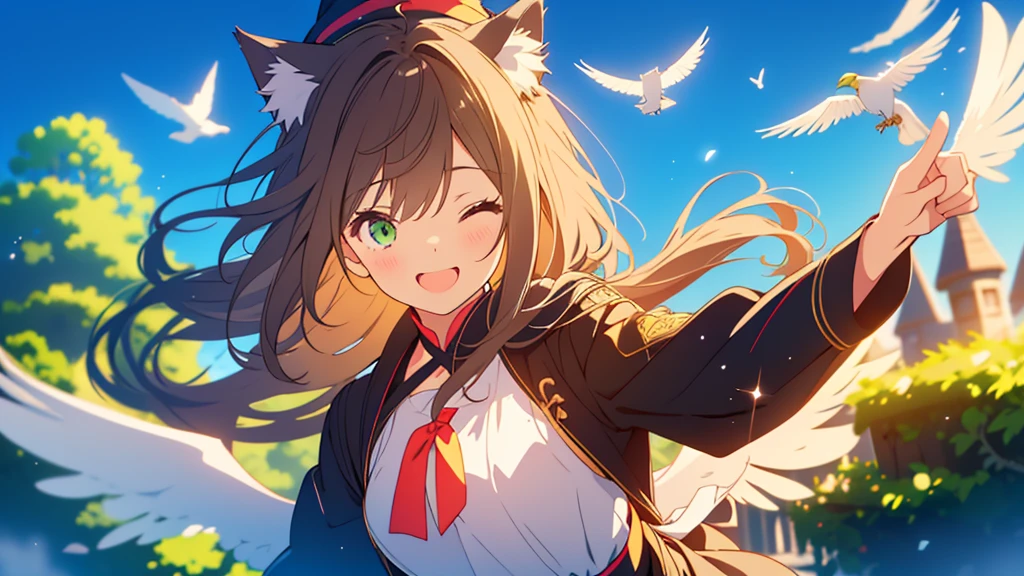 cute, anime, cute, super high quality, Very detailed, 8k, Positive, Clarity, Brown long hair, Green Eyes, smile, whole body, Cat ear, Amaryllis, Close your eyes and smile with your mouth open, fly in the sky, Good sister, Cat ears stick out from the witch's hat, Witch's Black Robe, Fantasy, Fog Effect, Particles of light, boost mood, Magically floating in the air, Bird's Eye View, flower blooming hill, colorful Amaryllis, CitysCape lit with lights, Starry Sky, Clock Tower, iris, You can see the citysCape in the distance, fly in the sky with a broom, Western witches, medieval citysCape, Cape, Amaryllis flower, Magical Effects, Wizard Robe, Cat ear, Close your eyes and smile,
