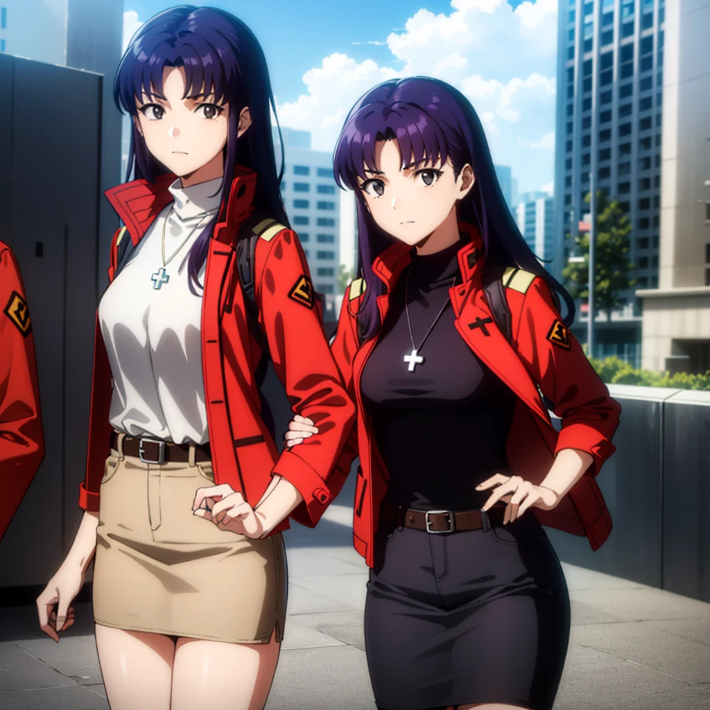 misatokatsuragi, misato katsuragi, long hair, (brown eyes:1.5), (purple hair:1.2), (parted bangs:1.5),
BREAK skirt, jewelry, jacket, belt, necklace, uniform, cross, red jacket, pencil skirt, cross necklace, red skirt, black shirt, turtleneck, cropped jacket,
BREAK outdoors, city, sky, clouds, sun,
BREAK looking at viewer, (cowboy shot:1.5),
BREAK (masterpiece:1.2), best quality, high resolution, unity 8k wallpaper, (illustration:0.8), (beautiful detailed eyes:1.6), extremely detailed face, perfect lighting, extremely detailed CG, (perfect hands, perfect anatomy),