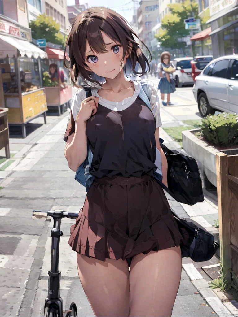 Extremely beautiful school girl, brown hair , pantie tug, covered_nipples, blue bra, blushed, [small breast], , have a school bag, noughty face, riding ferry wheel