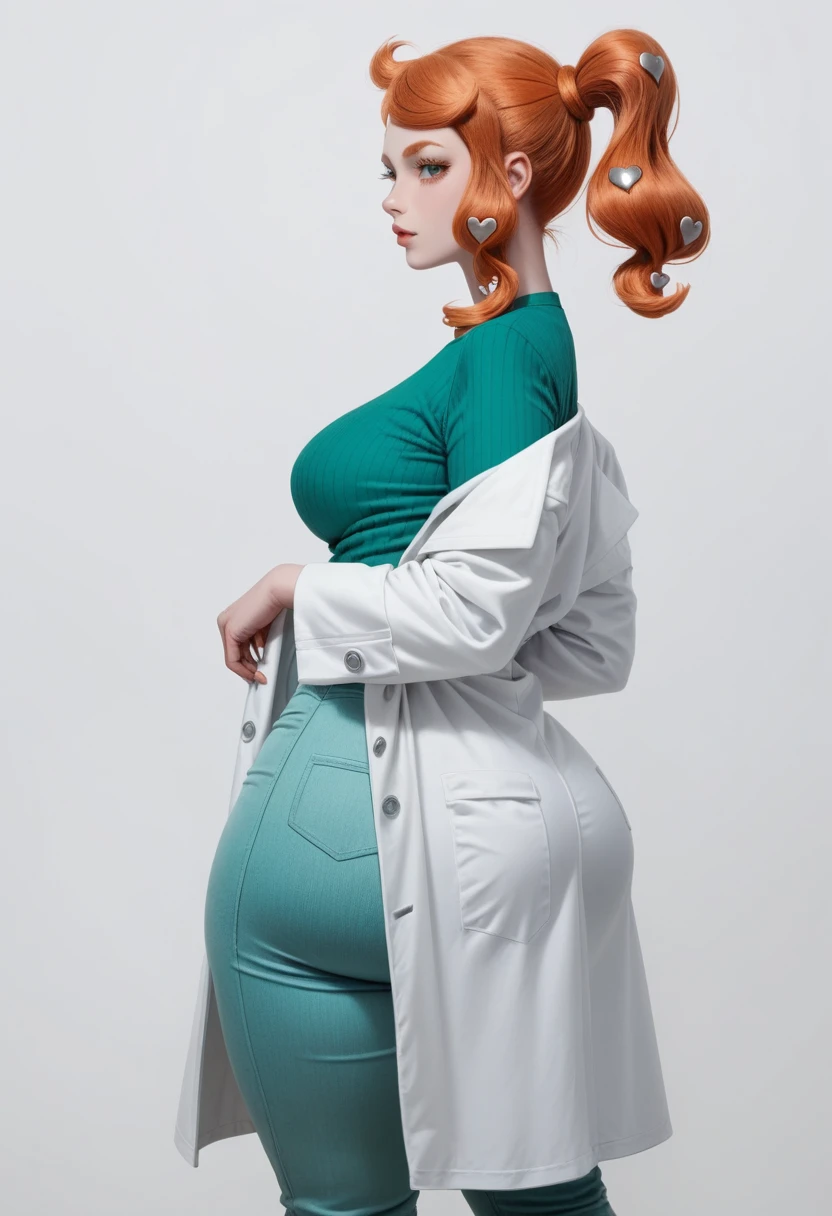 1 girl, standing alone, huge ass,breasts big, sonia \(Pokémon\), oculos de sol, heart hair ornament, lab coat, green shirt, top cut, simple pants background, White background,