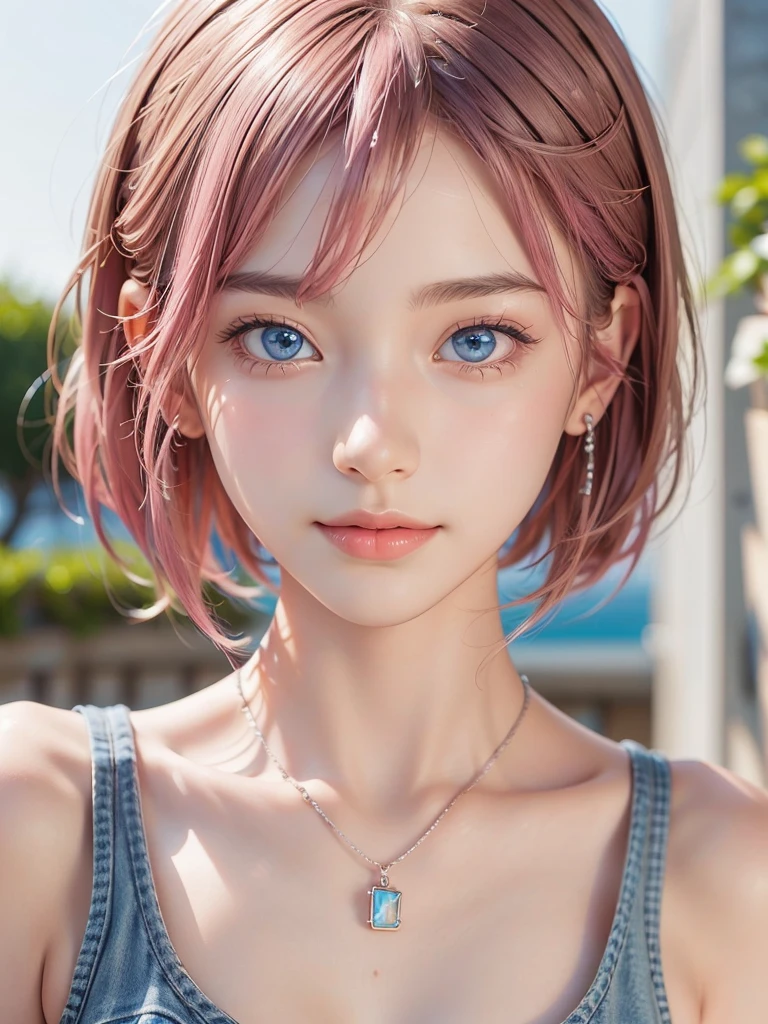 ((detailed face, professional photography)), smile, ((extra short hair, sidelocks-hair, pink hair, Large, clear sky-blue eyes, earrings, 1 Girl)), Ultra High Resolution, (Realistic: 1.4), RAW Photo, Best Quality, (Photorealistic Stick), Focus, Soft Light, ((19 years old)), (surface), (depth of field), masterpiece, (realistic), woman, short bangs, ((1 girl))