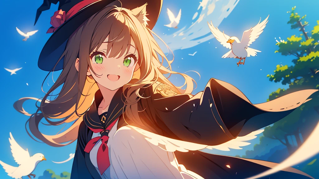 cute, anime, cute, super high quality, Very detailed, 8k, Positive, Clarity, Brown long hair, Green Eyes, smile, whole body, Cat ear, Amaryllis, Close your eyes and smile with your mouth open, fly in the sky, Good sister, Cat ears stick out from the witch's hat, Witch's Black Robe, Fantasy, Fog Effect, Particles of light, boost mood, Magically floating in the air, Bird&#39;s Eye View, flower blooming hill, colorful Amaryllis, CitysCape lit with lights, Starry Sky, Clock Tower, iris, You can see the citysCape in the distance, fly in the sky with a broom, Western witches, medieval citysCape, Cape, Amaryllis flower, Magical Effects, Wizard Robe, Cat ear, Close your eyes and smile, 