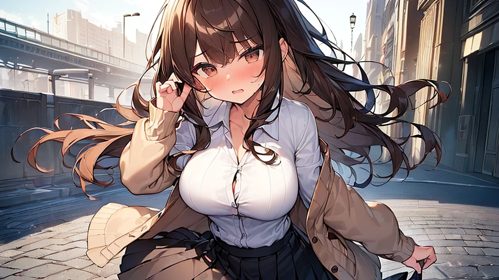 (Masterpiece, Top quality: 1.5), (1 girl, solo :1.2),  (large breasts:1.3), (Cardigan, dress shirt, Pleated skirt:1.4), standard weight, ( brown hair:1.4), (airy hair, wavy hair:1.3), long hair ,asymmetry bangs, swept bangs, junior high school student, angry, (flustered:1.3), beautiful scene of street , dynamic pose, magnificent panorama view