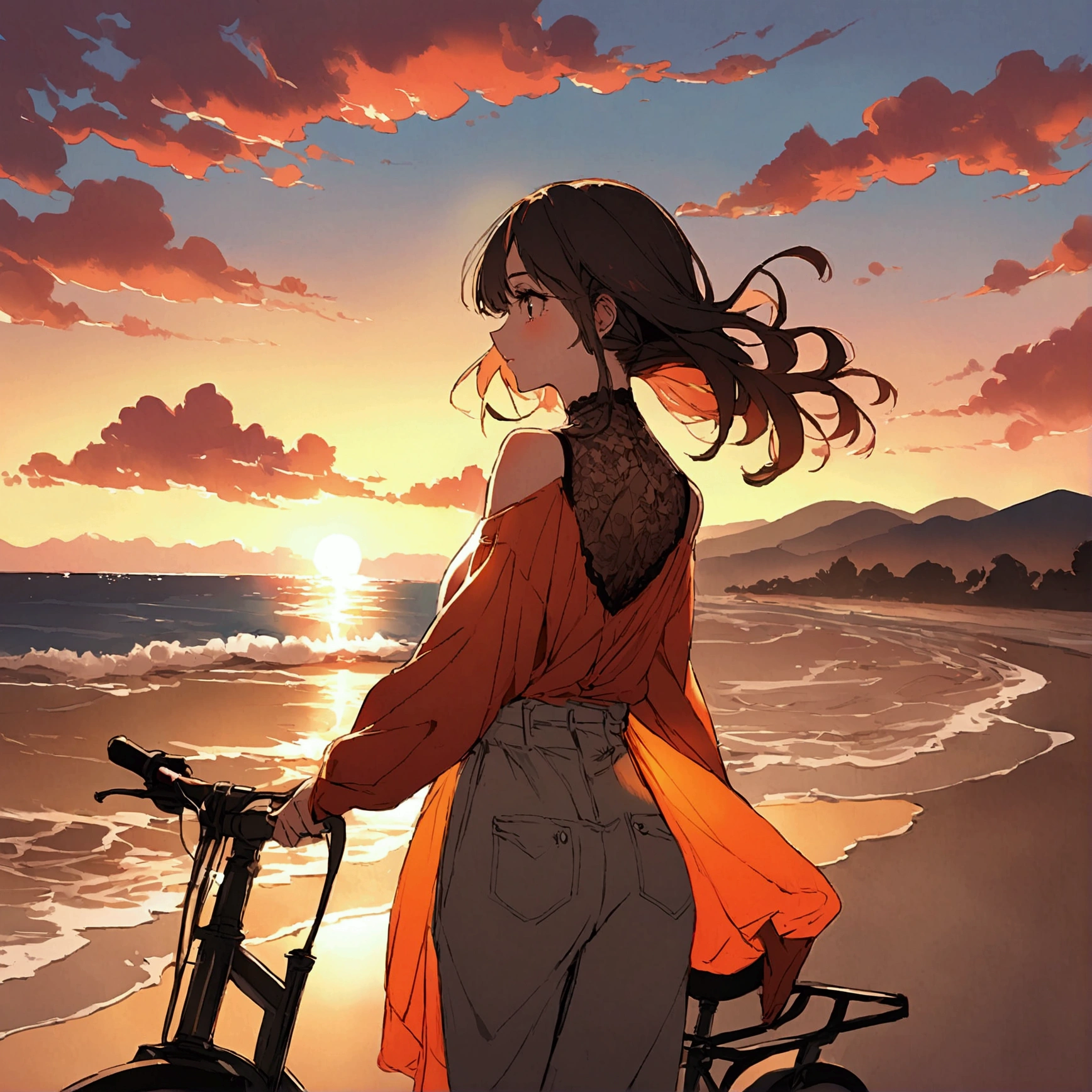 Bike woman seaside road sunset