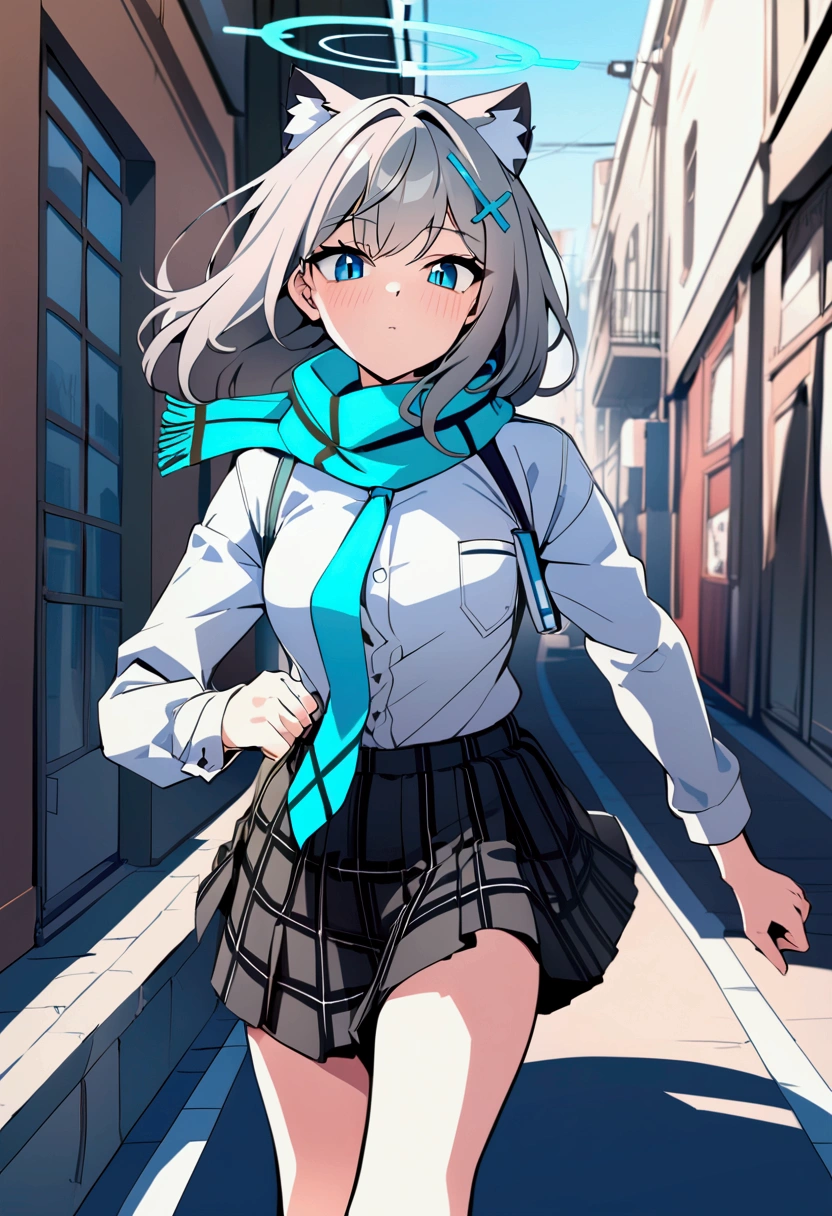 score_9, score_8_up, score_7_up,source_anime,best quality,masterpiece,aesthetic,very aesthetic,anime style,anime_coloring,1girl, shiroko \(blue archive\), blue archive、blue eyes, grey hair, hairclip, animal ears, halo, scarf, jacket, white shirt, necktie, plaid skirt, white socks, sneakers,,canted angle,,(running),(street,dynamicangle,motionlines),side view,upperbody