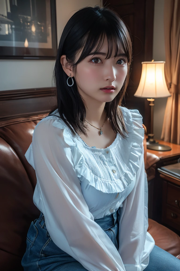 (Highest quality:1.4),(masterpiece:1.4),(Realistic:1.4),(Realistic:1.2),(超High resolution, RAW Photos:1.4),(High resolution, Ultra-detailed:1.2),(8k:1.2),View your viewers,Cinematic photography,One girl,skeletally correct,Black-haired woman,Woman in her early 20s,(Small earrings,necklace,Light blue ruffled blouse),(Western-style building interior,Dimly lit room,The lamplight shines on my cheeks,Sit on the sofa)