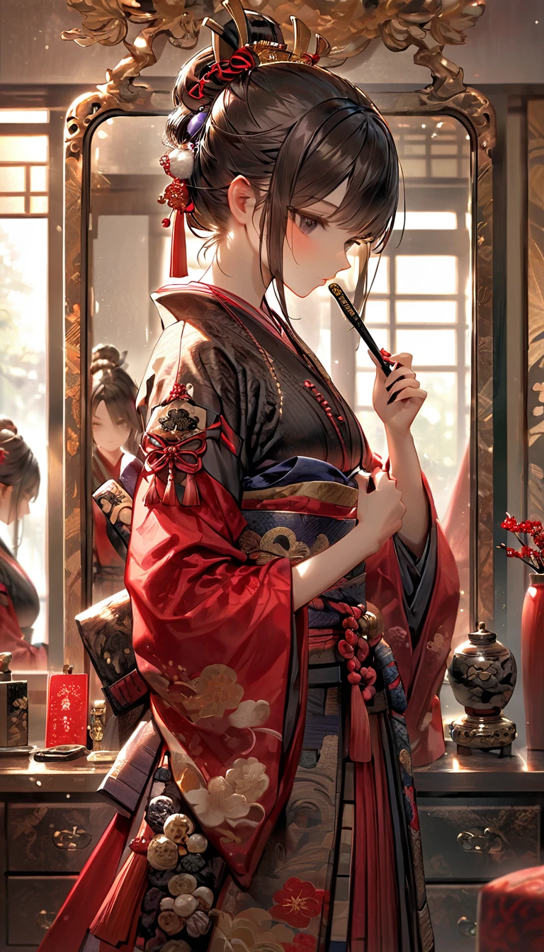 A samurai looking into a mirror in a luxurious room。She is pictured checking out her appearance in front of a mirror.、Have a confident look。」