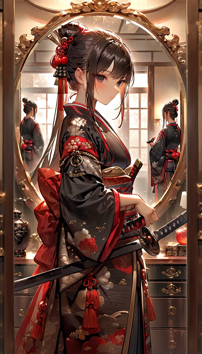 A samurai looking into a mirror in a luxurious room。She is pictured checking out her appearance in front of a mirror.、Have a confident look。」