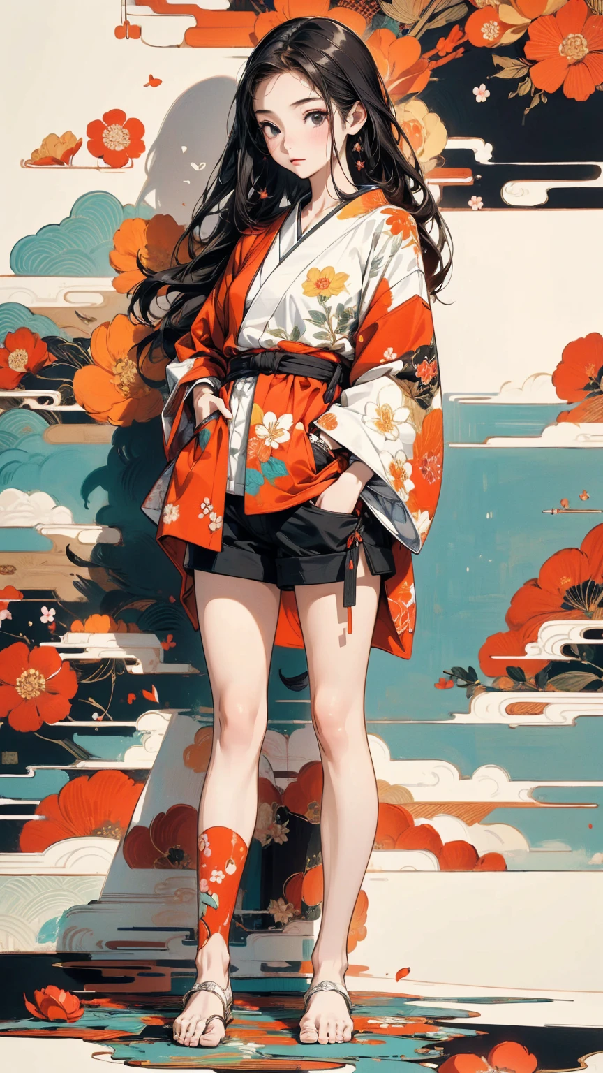 (masterpiece, High resolution, Highest quality), 20-year-old woman, profile, Hands in pockets:1.3, Coordination of Japanese patterned haori and micro mini shorts:1.2, Petal Collage, abstract design, artistic juxtapositions, And handle background, warm color, mixed-media approach, Anime Style, Simple lines, Digital Painting, 