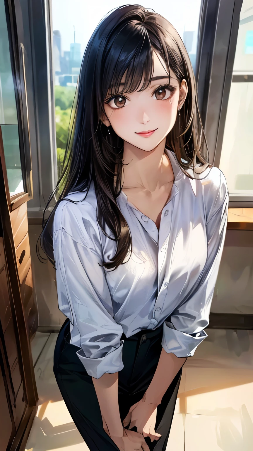 (masterpiece:1.3, Highest quality, Ultra-high resolution, Super detailed), (Realistic, photoRealistic:1.4), Beautiful illustrations, Perfect lighting, Natural light, colorful, Depth of written boundary, Surrealism,
Beautiful detailed hair, Beautifully detailed face, Beautiful attention to detail, Beautiful clavicle, Beautiful body, Beautiful breasts, Beautiful thighs, Beautiful feet, Beautiful fingers, Glowing Skin,
View your viewers, 1 girl, Japanese, secretary, (Perfect Anatomy, Anatomically correct, Highly detailed skin), Cute and symmetrical face, Baby Face, Perfect Face, Perfect Eyes, thin,
(Long Hair:1.8, Straight hair, Black Hair), Swept-apart bangs, Chestnut brown eyes, Slanted Eyes, Long eyelashes, sexy、sexy、(Medium chest, Captivating thighs),
((Detailed cloth texture, Clean office casual look)),
(Beautiful views), noon, (Private room in the office), Are standing, (Cute smile, Upward glance),have a liking for