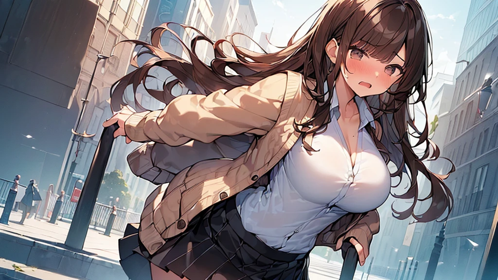 (Masterpiece, Top quality: 1.5), (1 girl, solo :1.2),  (large breasts:1.3), (Cardigan, dress shirt, Pleated skirt:1.4), standard weight, ( brown hair:1.4), (airy hair, wavy hair:1.3), long hair ,asymmetry bangs, swept bangs, junior high school student, angry, (flustered:1.3), beautiful scene of street , dynamic pose, magnificent panorama view