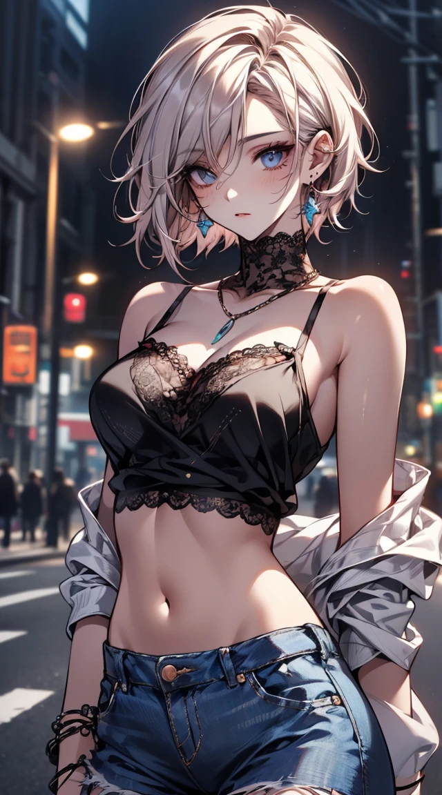 Beautiful woman upper body photo, Using a smartphone in the middle of the road, [See through](Short lace camisole:1.47), Fuju Chest, big , (Bare Chest, Cleavage), (Tight waist, Perfect body curves), Luxury Waist Chain Accessories, Dark Navy Crash Denim, Earrings, Sharp focus, (Tall body, Adult female), ((avert your eyes:1.2)), (Skin with attention to detail, Skin pores:1.4), (Correct Anatomy:1.5, Ideal body proportions:1.1),