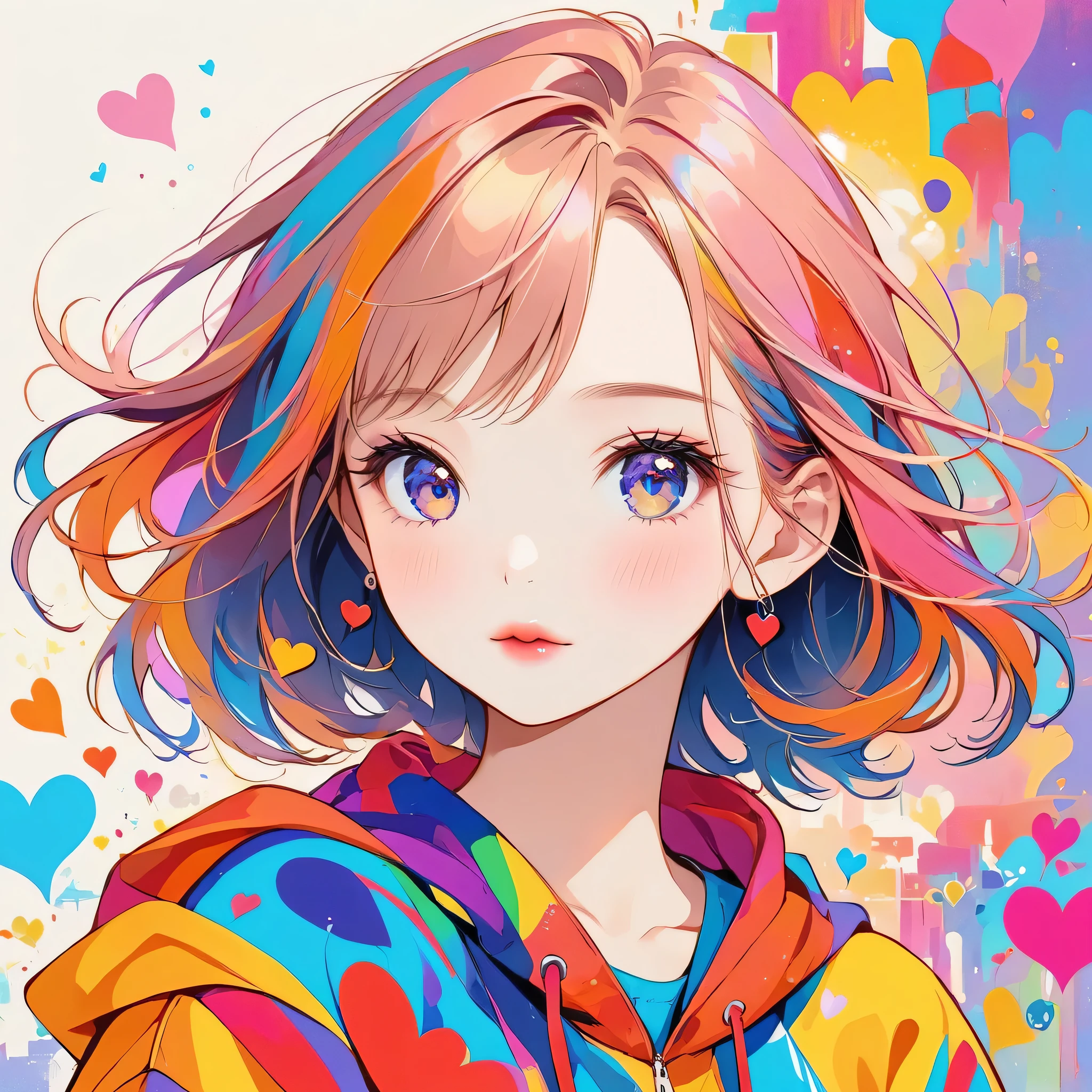Micho colorful style, Simple Line Initialism，Abstract art，Urban Background, (((The most beautiful girl of all time))), Sweet face. Lips in love, colorful hearts, stylish design
