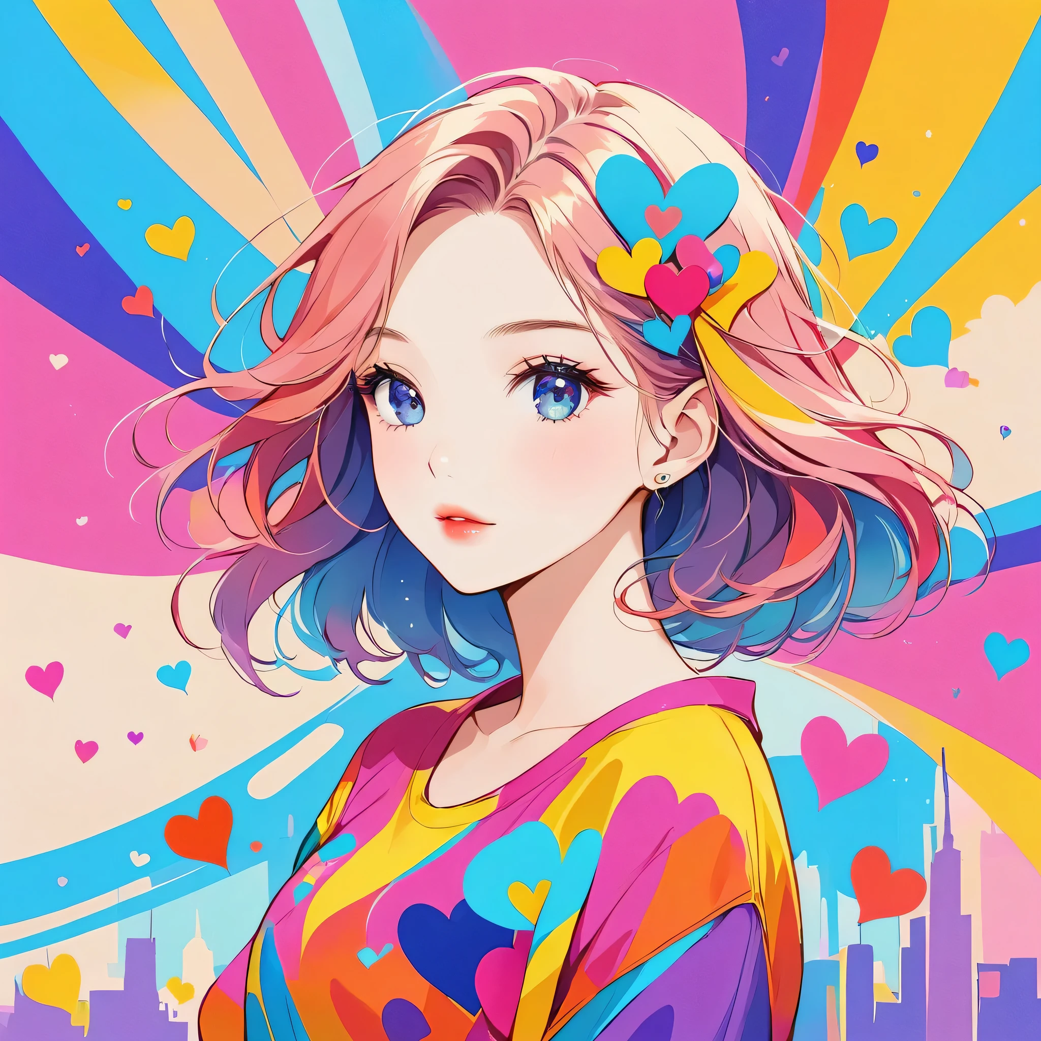 Micho colorful style, Simple Line Initialism，Abstract art，Urban Background, (((The most beautiful girl of all time))), Sweet face. Lips in love, colorful hearts, stylish design