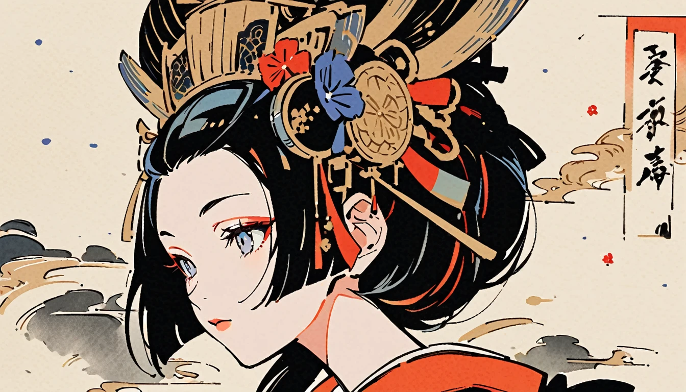 Ink Painting, (((1 girl))), (((Oiran))), (((Gorgeous hair accessories))), Japanese style headphones, face close-up, Japanese Beauty, Black Hair, Delicate and precise, Modern ukiyo-e style
